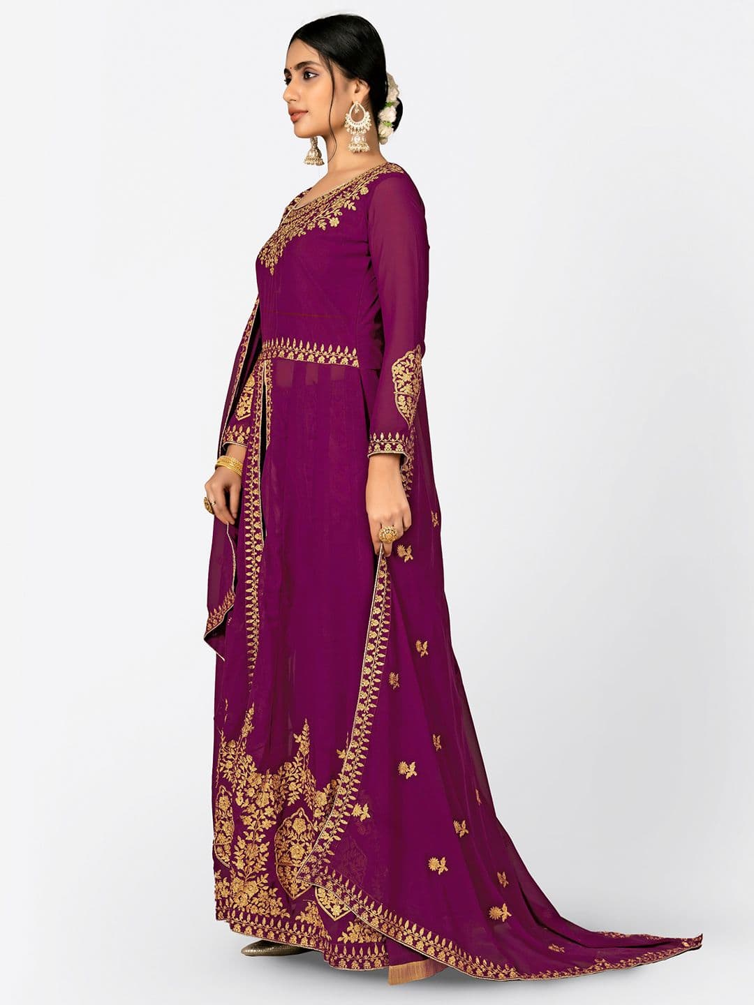 Purple & Gold-Toned Embroidered Unstitched Dress Material view 3