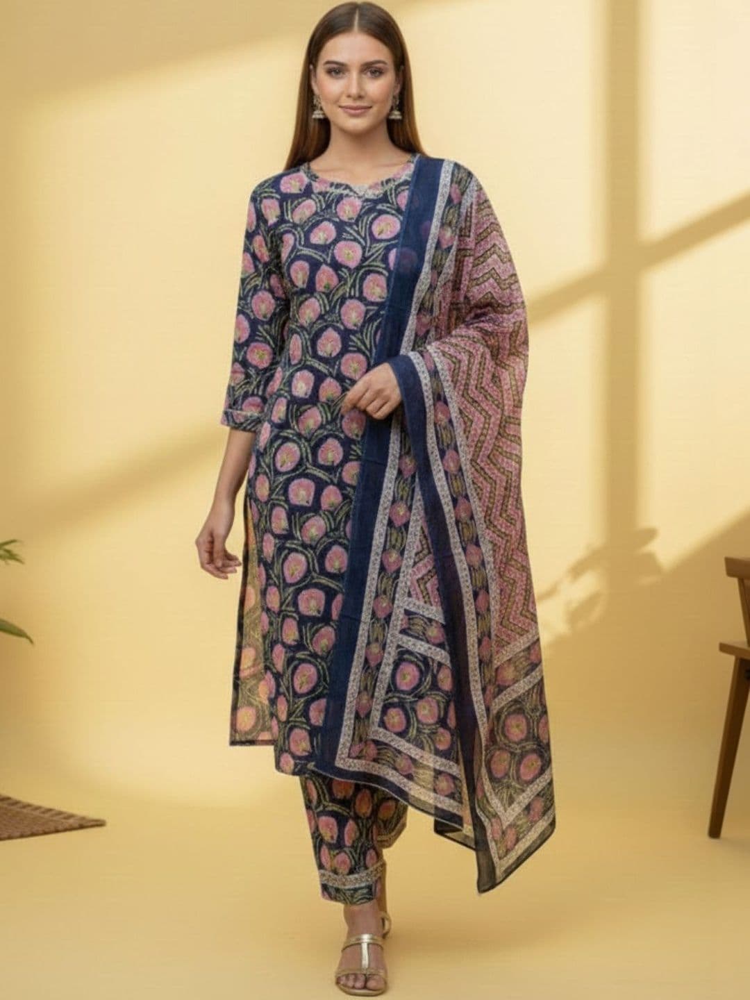 Women Floral Printed Regular Kurta with Trousers & With Dupatta