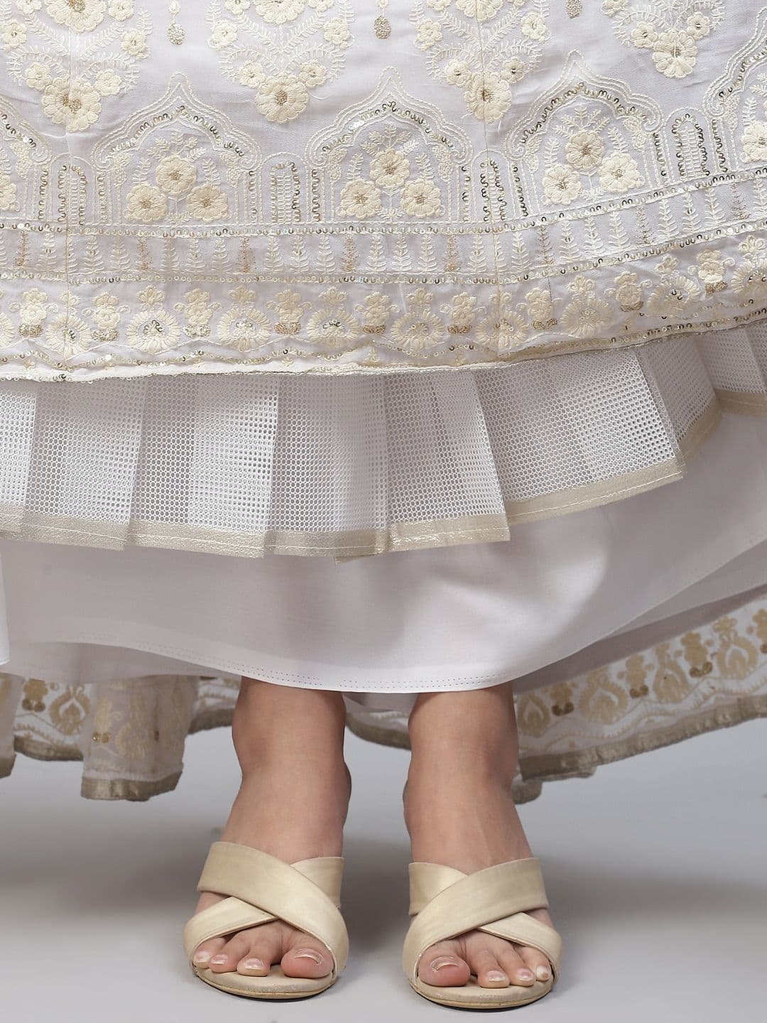 White Embroidered Sequinned Semi-Stitched Lehenga & Unstitched Blouse With view 9