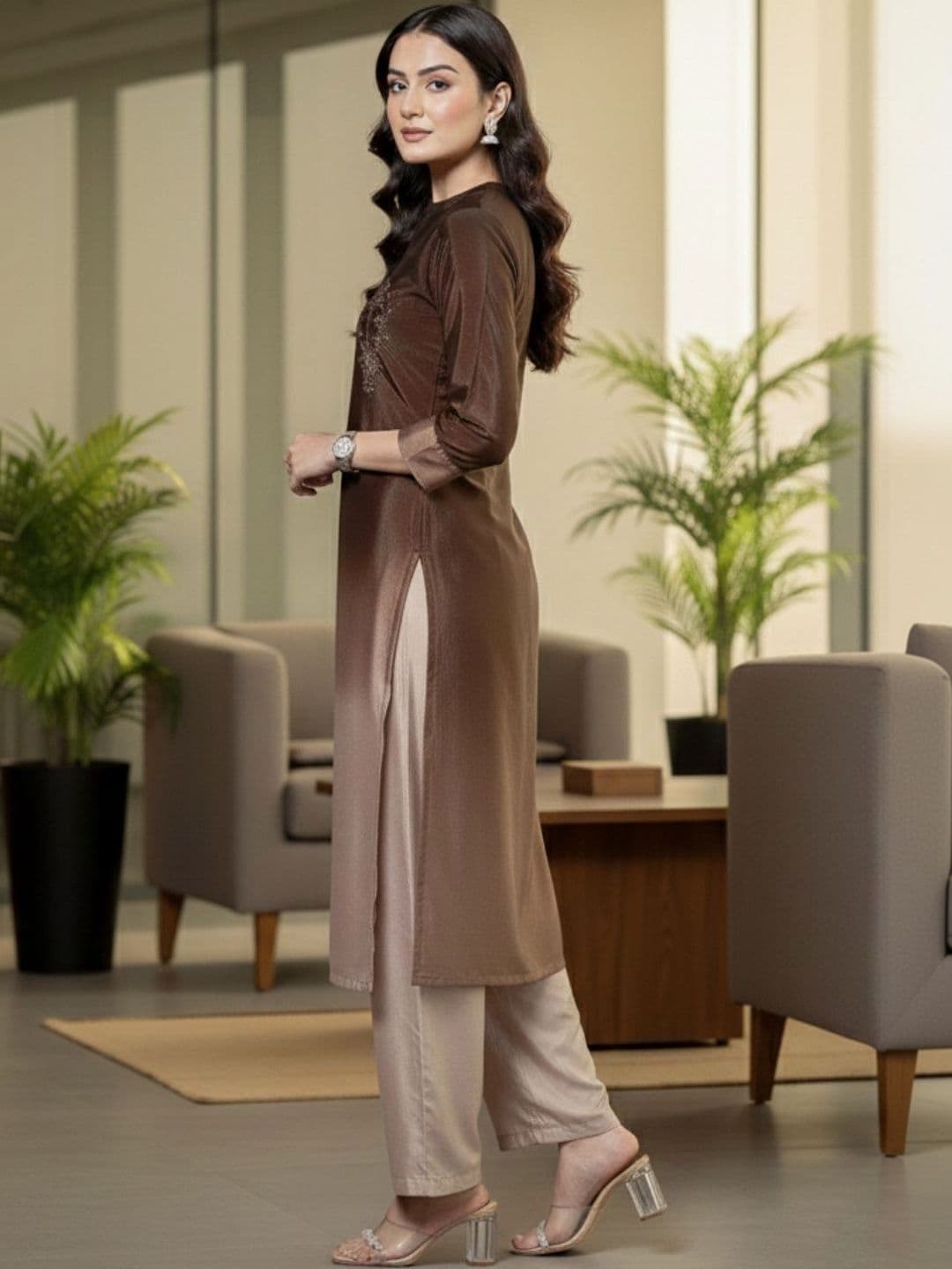 Women Ombre Dyed Regular Thread Work Kurta with Trousers view 3