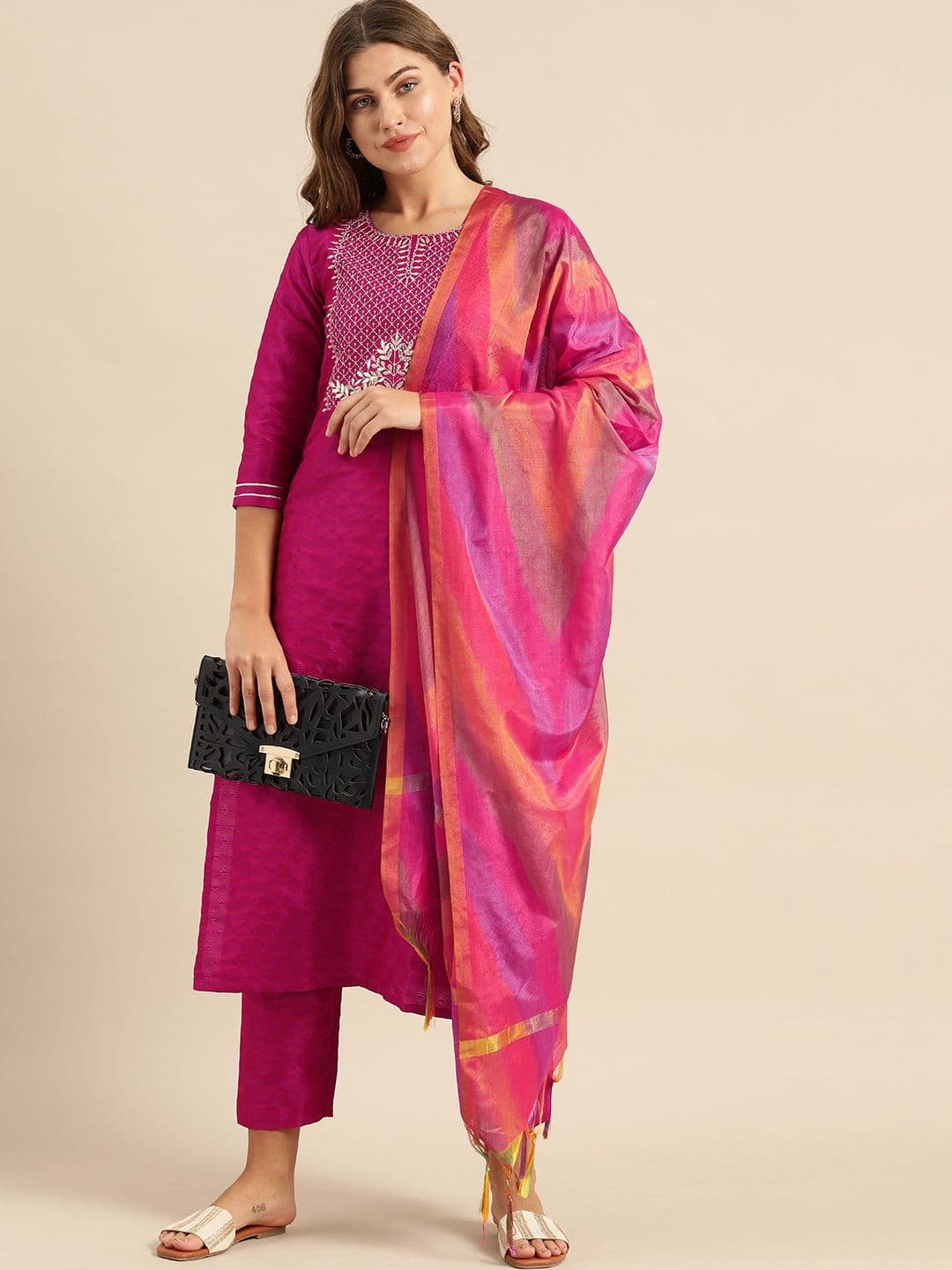 Embroidered Yoke Design Jacquard Kurta with Trousers & Dupatta view 7