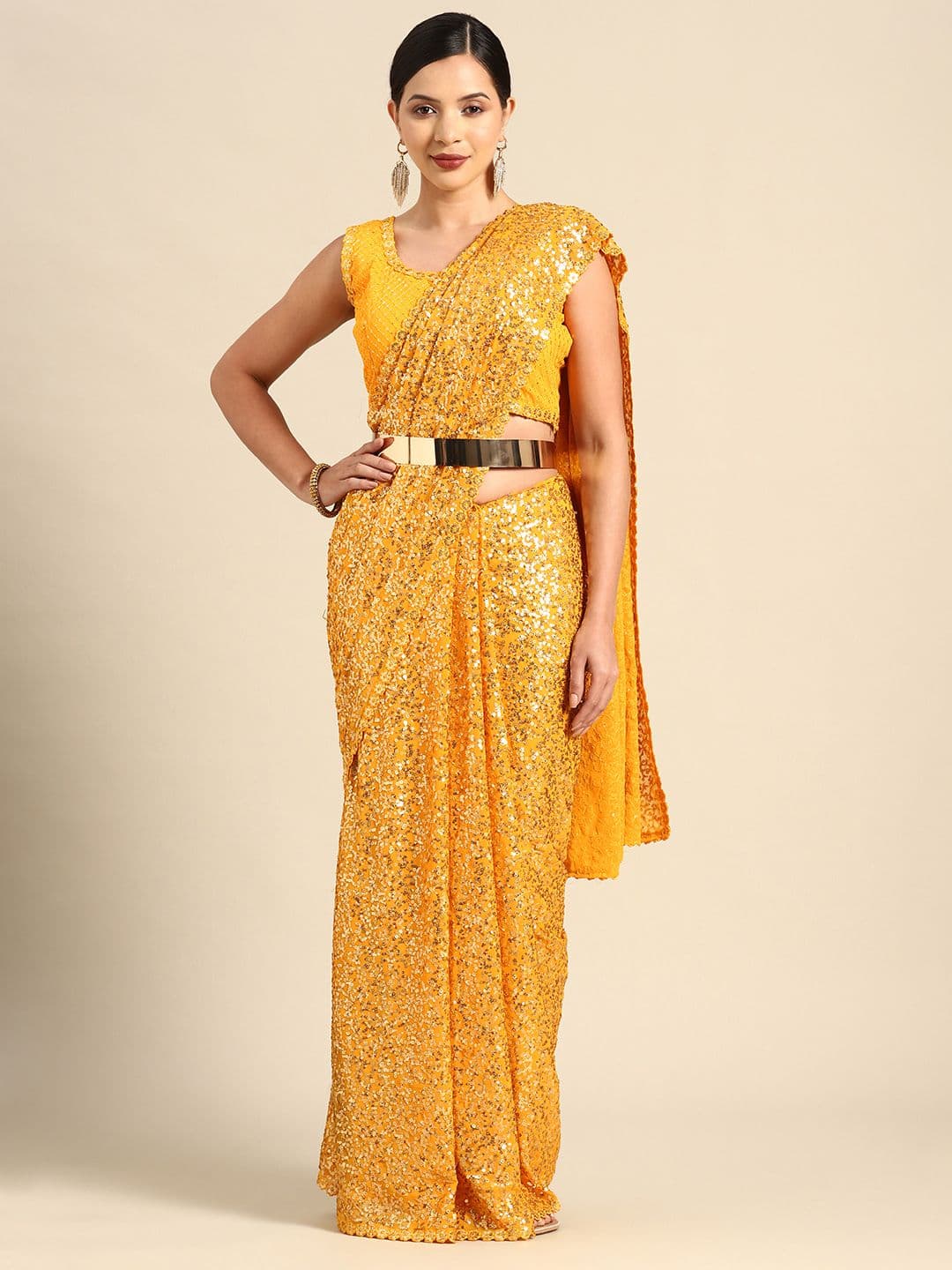 Embellished Sequinned Embroidered Heavy Work Saree Yellow