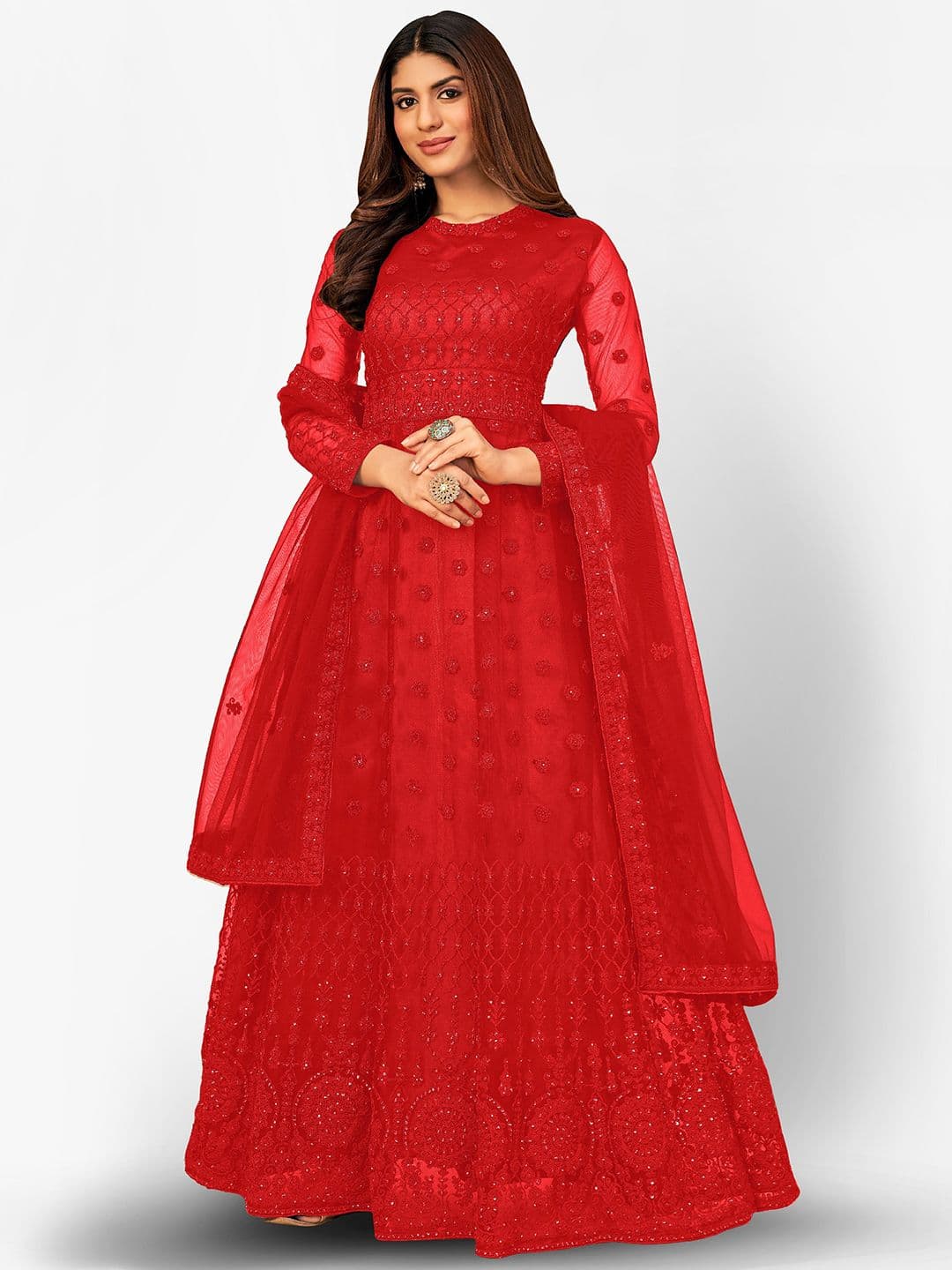 Red & Orange Embroidered Unstitched Dress Material