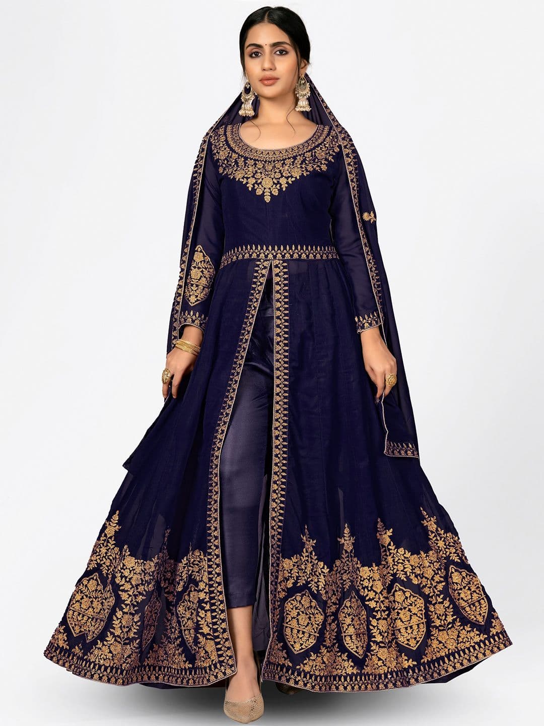 Blue & Gold-Toned Embroidered Unstitched Dress Material