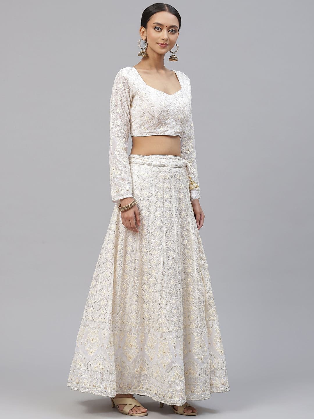 White Embroidered Sequinned Semi-Stitched Lehenga & Unstitched Blouse With view 5