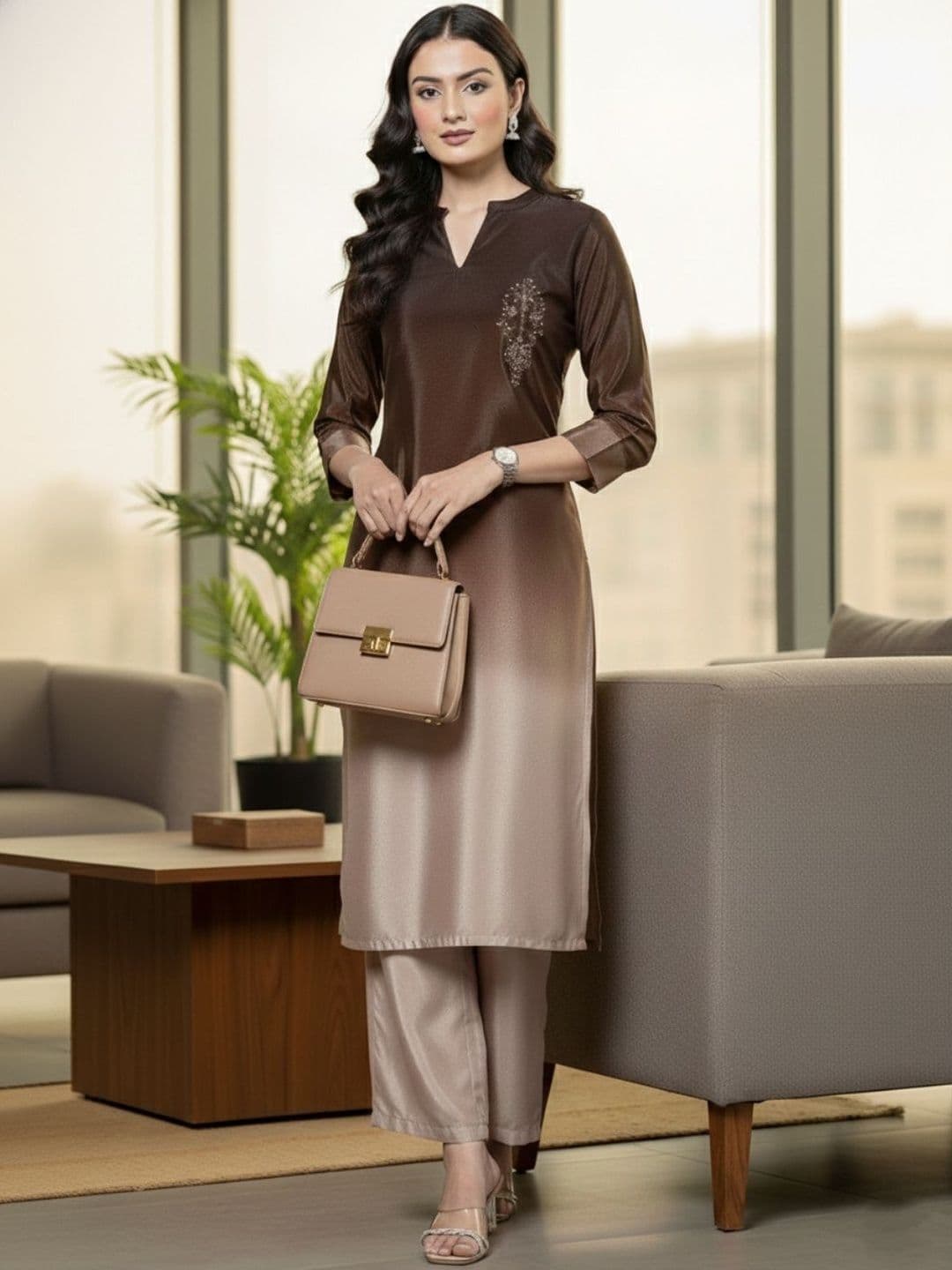Women Ombre Dyed Regular Thread Work Kurta with Trousers view 7