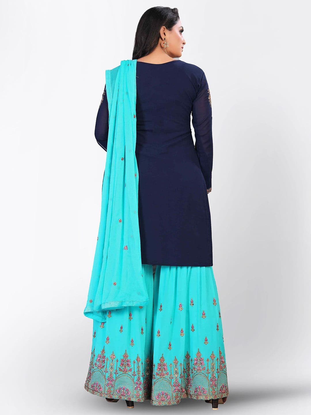 Blue & Pink Embroidered Unstitched Dress Material view 3