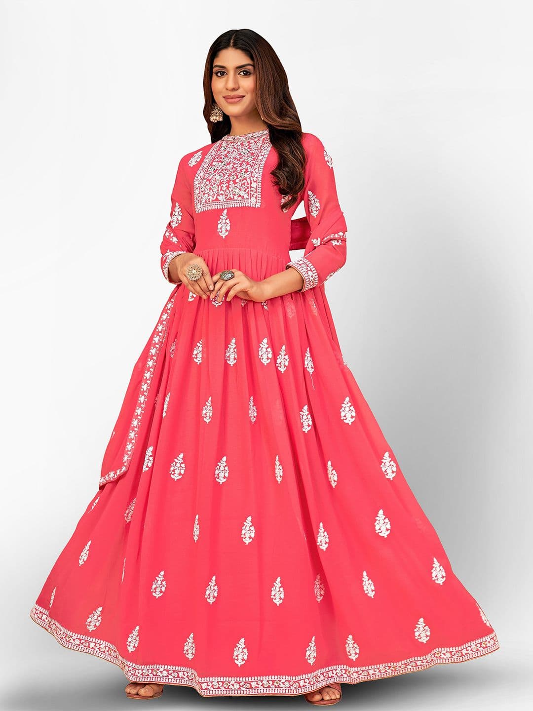Pink & White Embroidered Unstitched Dress Material