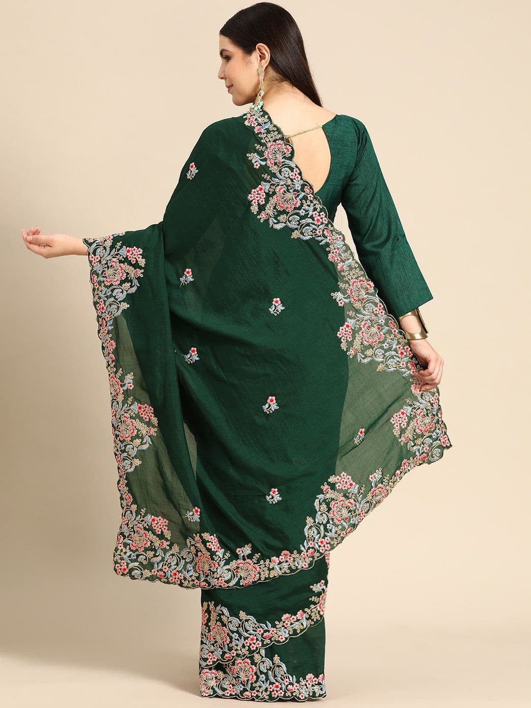 Floral Embroidered Saree Green view 2