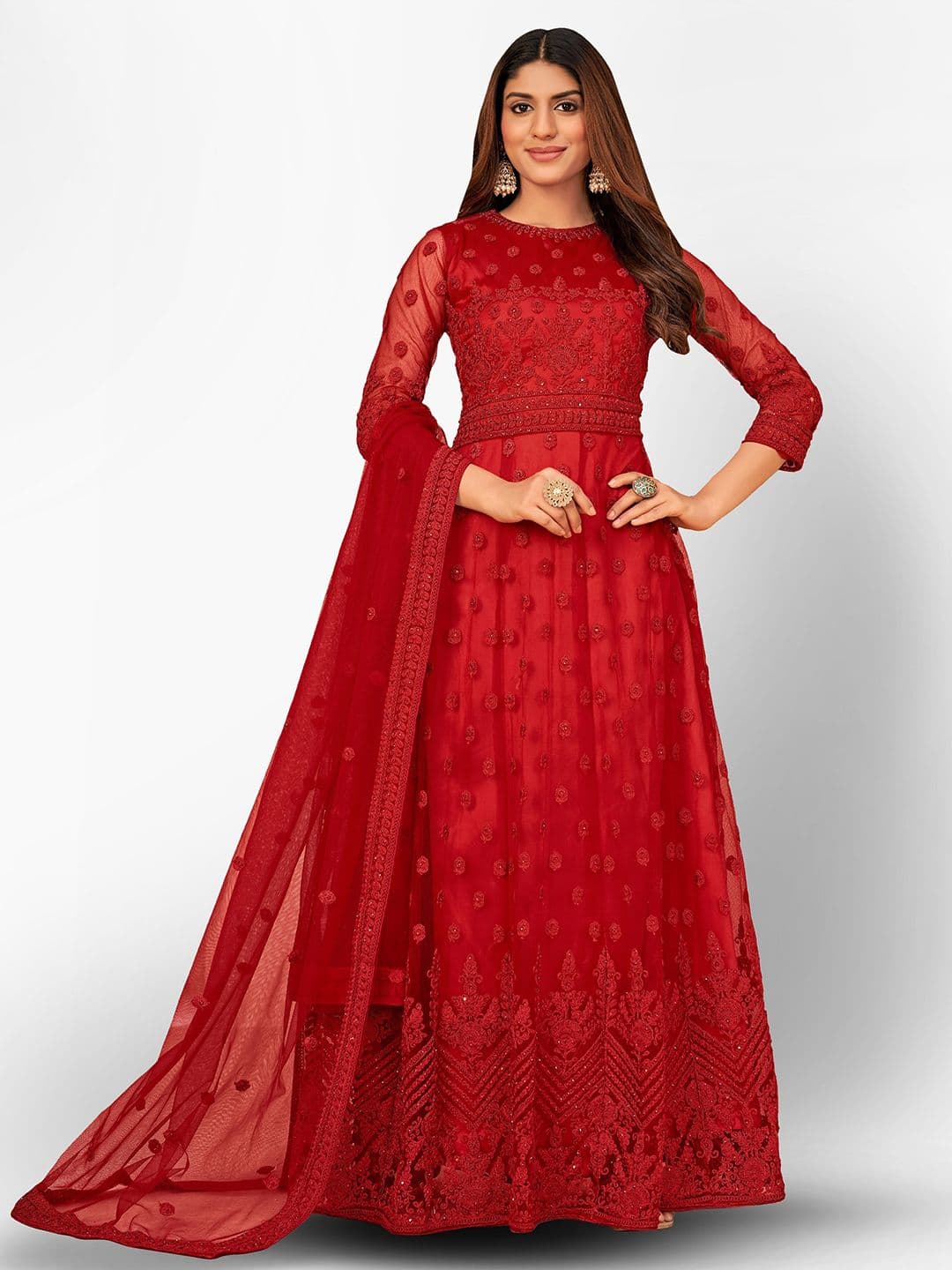 Red Embroidered Unstitched Dress Material