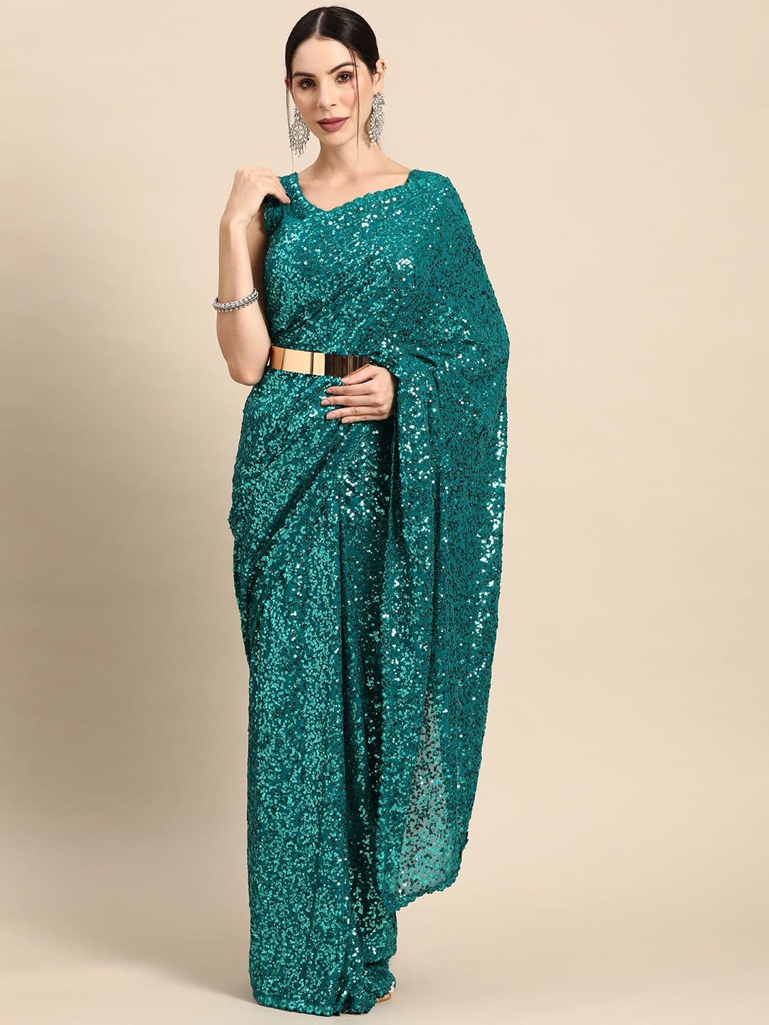 Embellished Sequinned Saree Turquoise Blue