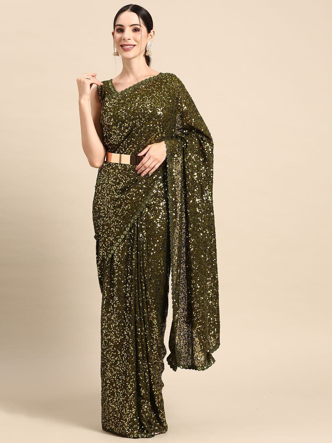 Embellished Sequinned Saree Olive