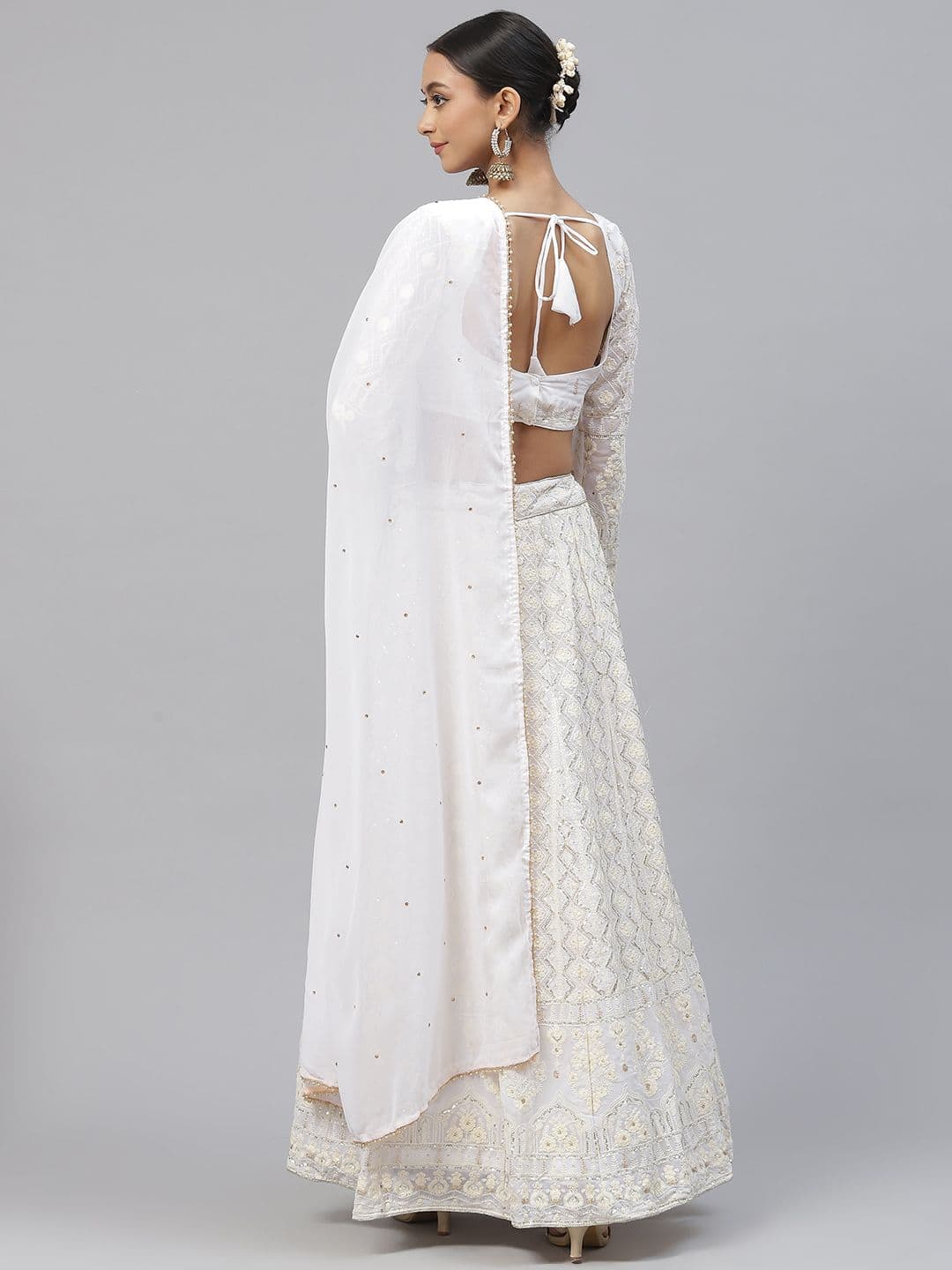 White Embroidered Sequinned Semi-Stitched Lehenga & Unstitched Blouse With view 6