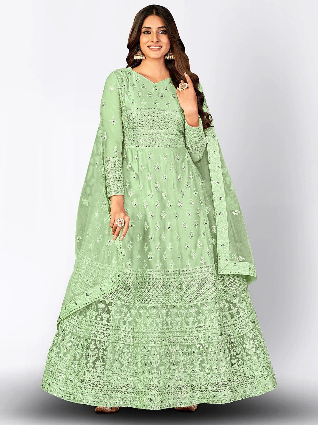 Green Embroidered Sequined Semi-Stitched Dress Material
