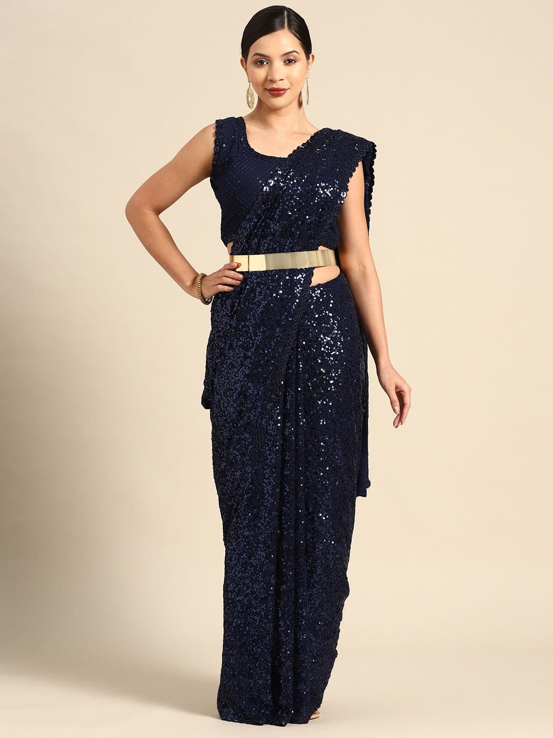 Embellished Sequinned Embroidered Heavy Work Saree Navy Blue