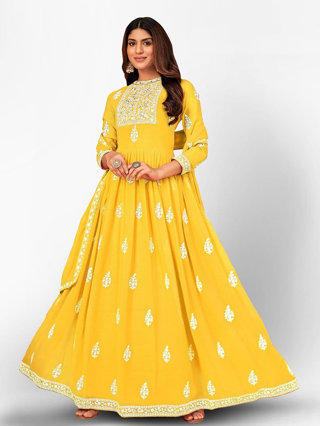 Yellow & White Embroidered Unstitched Dress Material