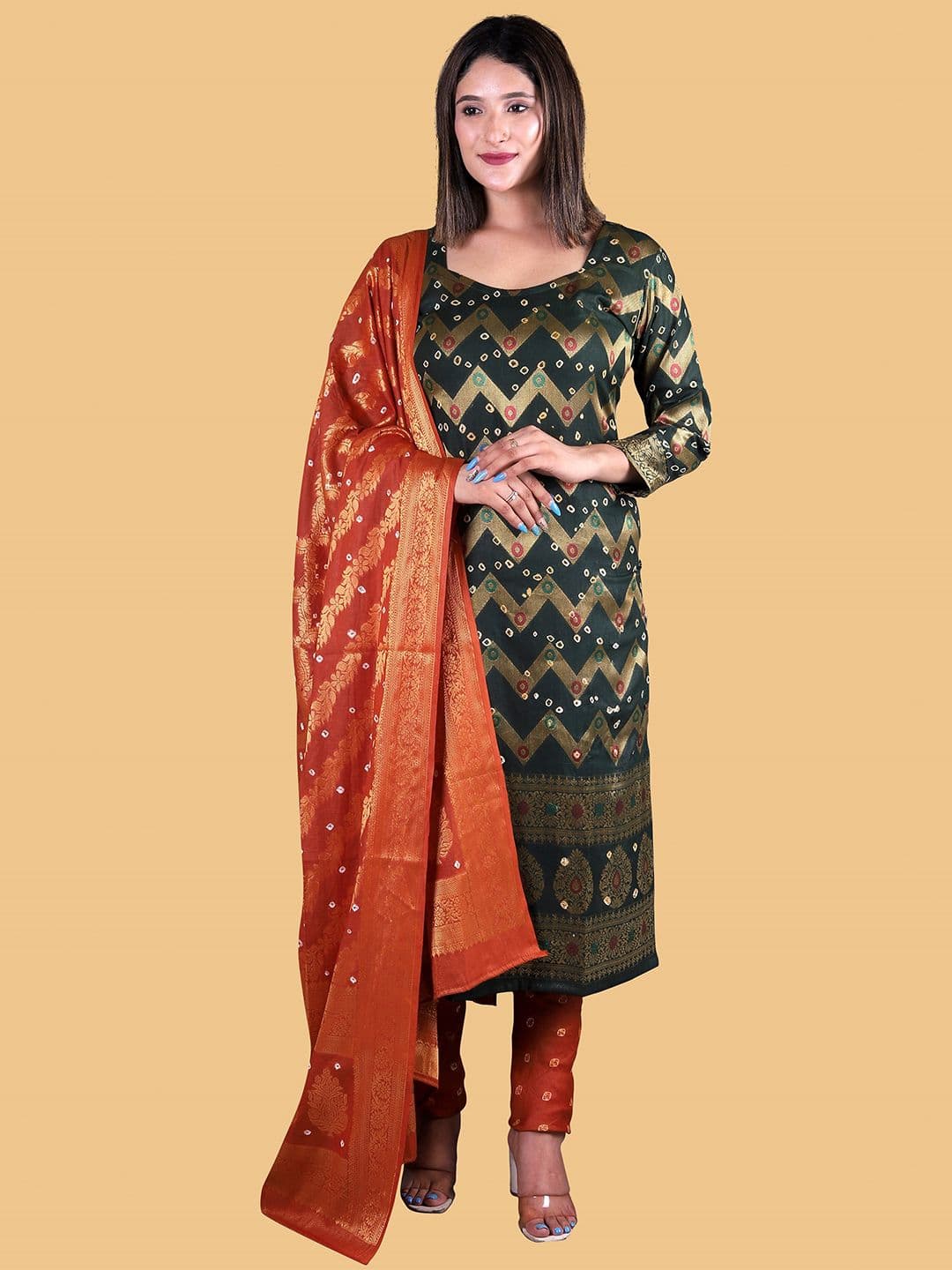 Women Green & Red Pure Cotton Unstitched Dress Material
