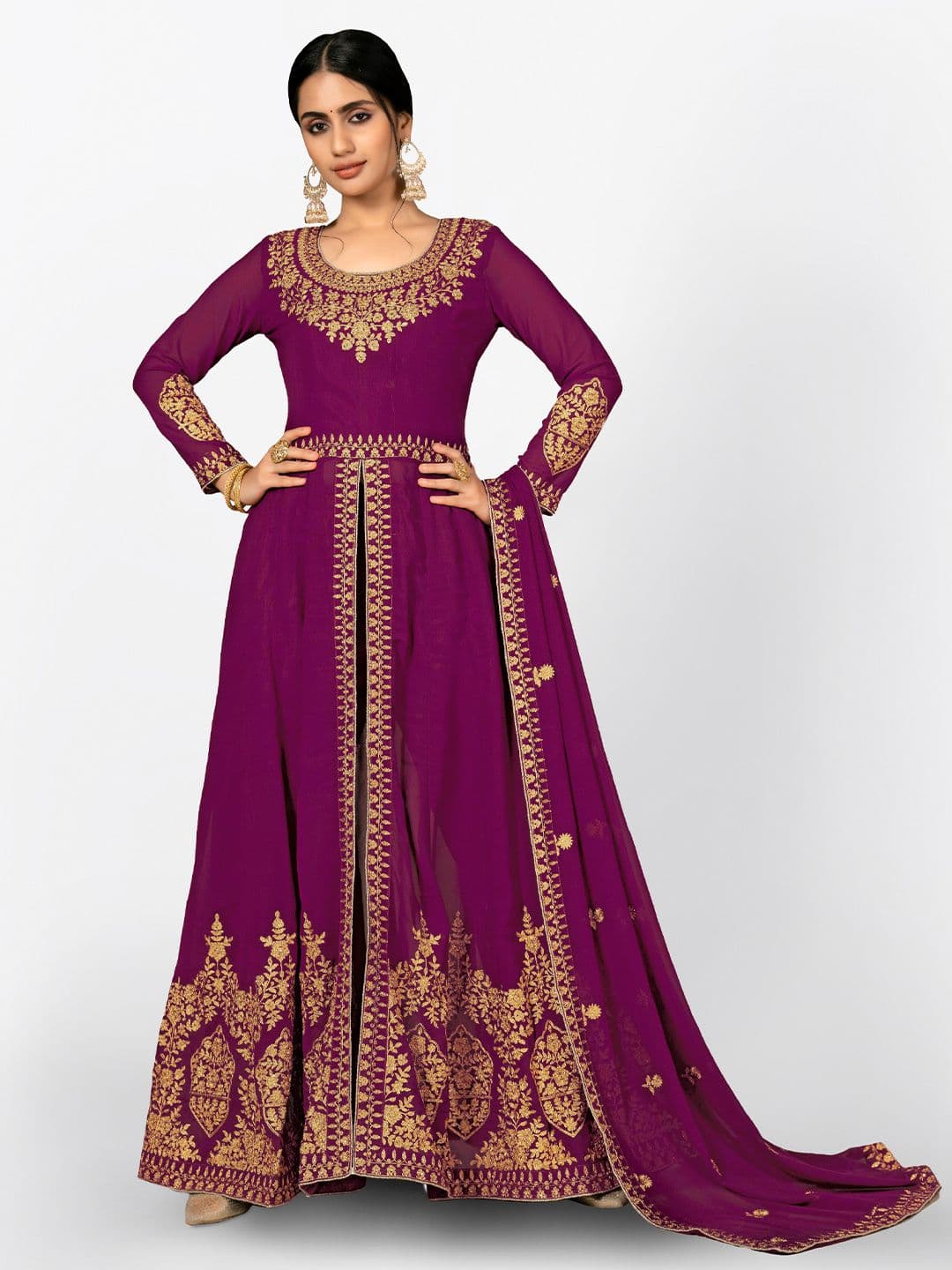 Purple & Gold-Toned Embroidered Unstitched Dress Material view 5