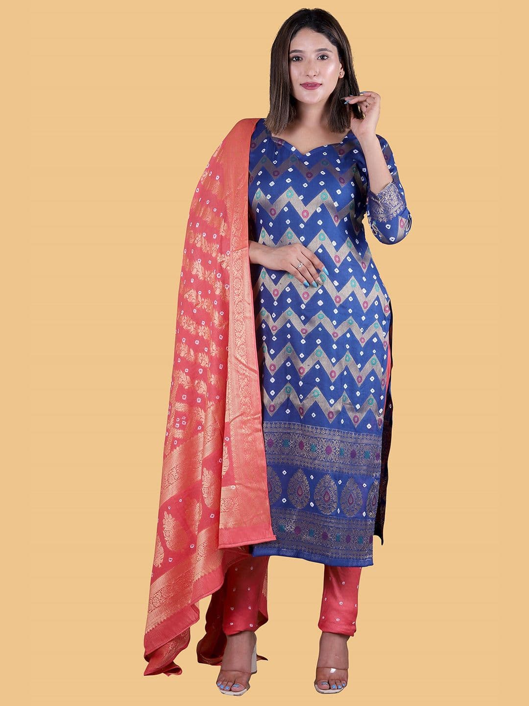 Blue & Pink Dyed Pure Cotton Unstitched Dress Material view 5