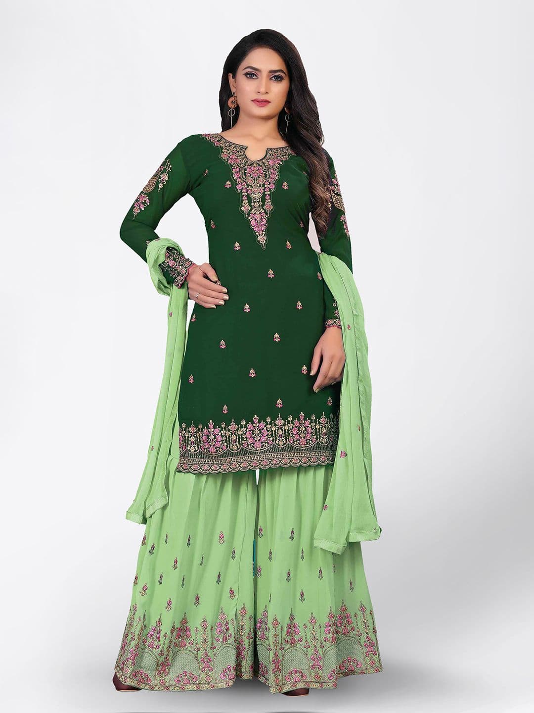 Green & Gold-Toned Embroidered Unstitched Dress Material