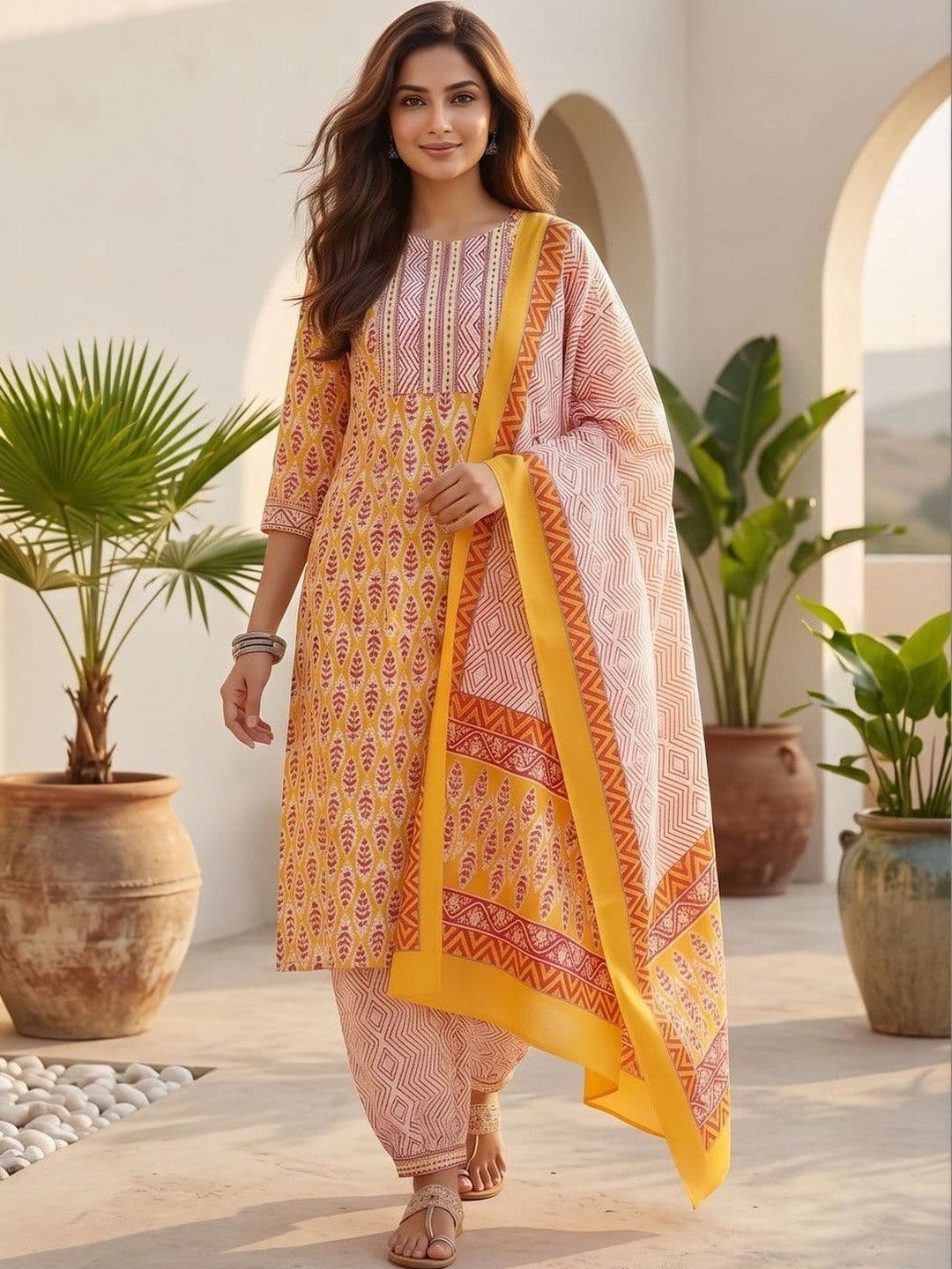 Women Ethnic Motifs Printed Regular Kurta with Patiala & With Dupatta