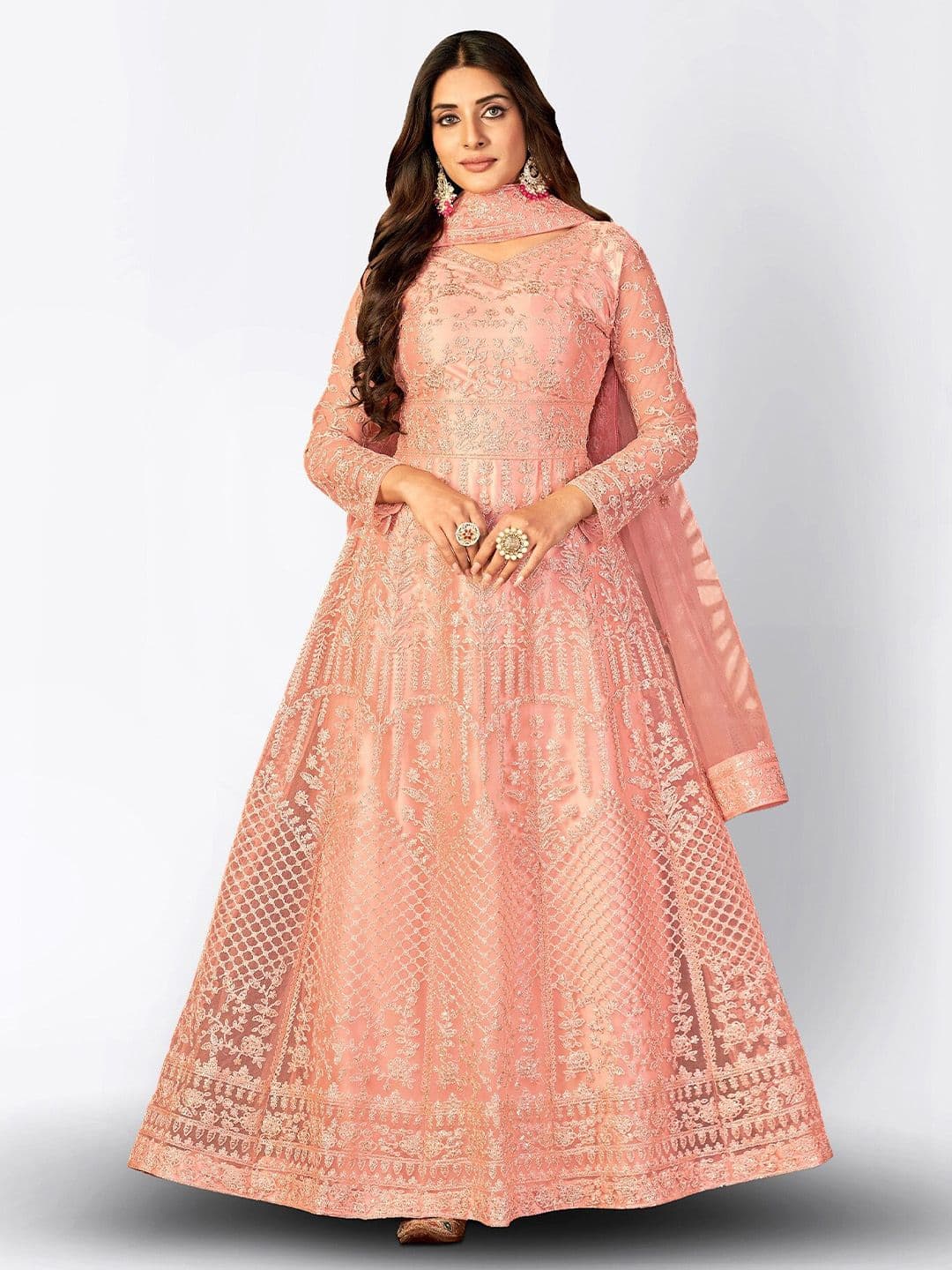 Floral Embroidered Sequinned Semi-Stitched Dress Material