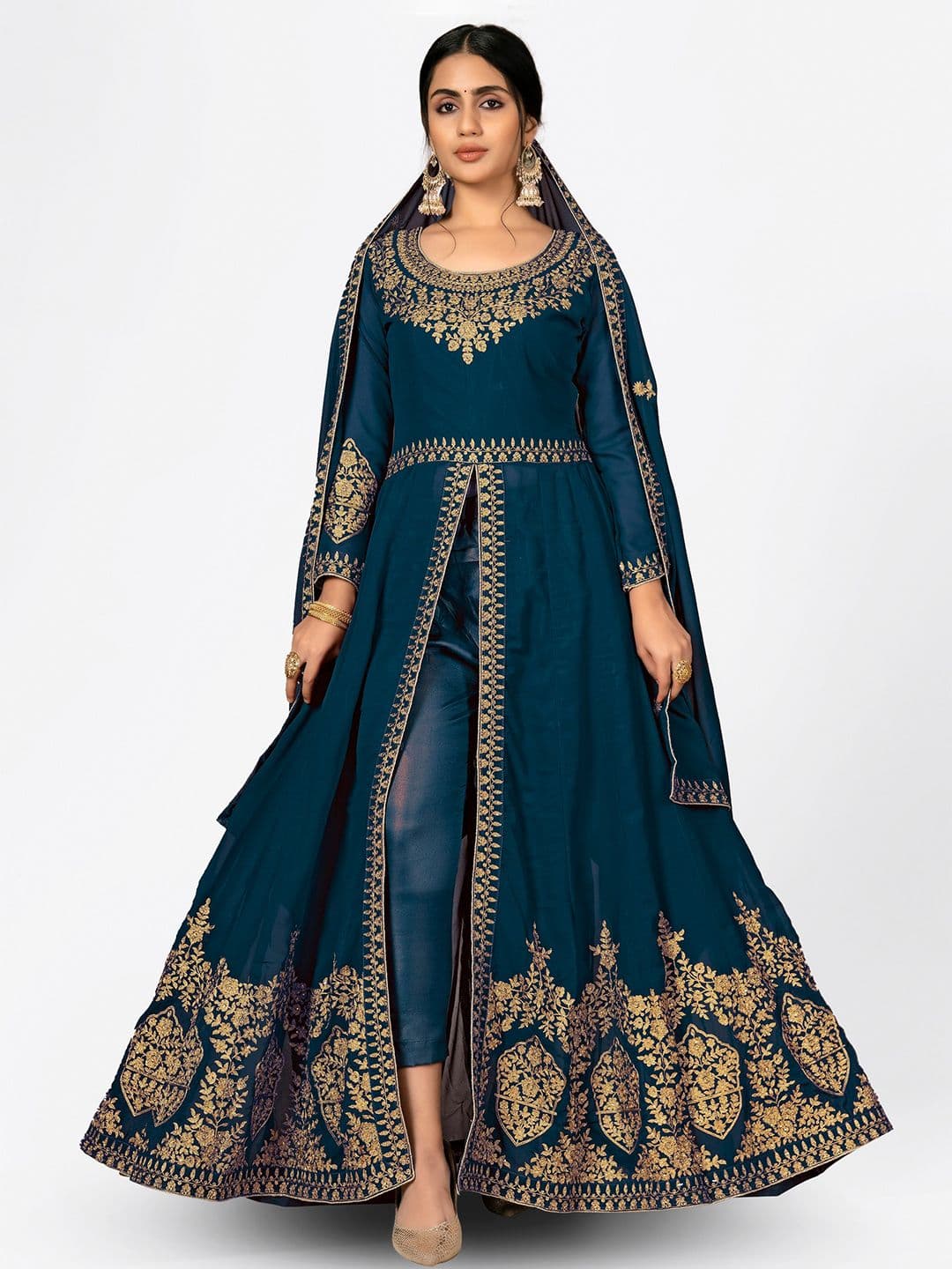 Turquoise Blue & Gold-Toned Embroidered Semi-Stitched Dress Material