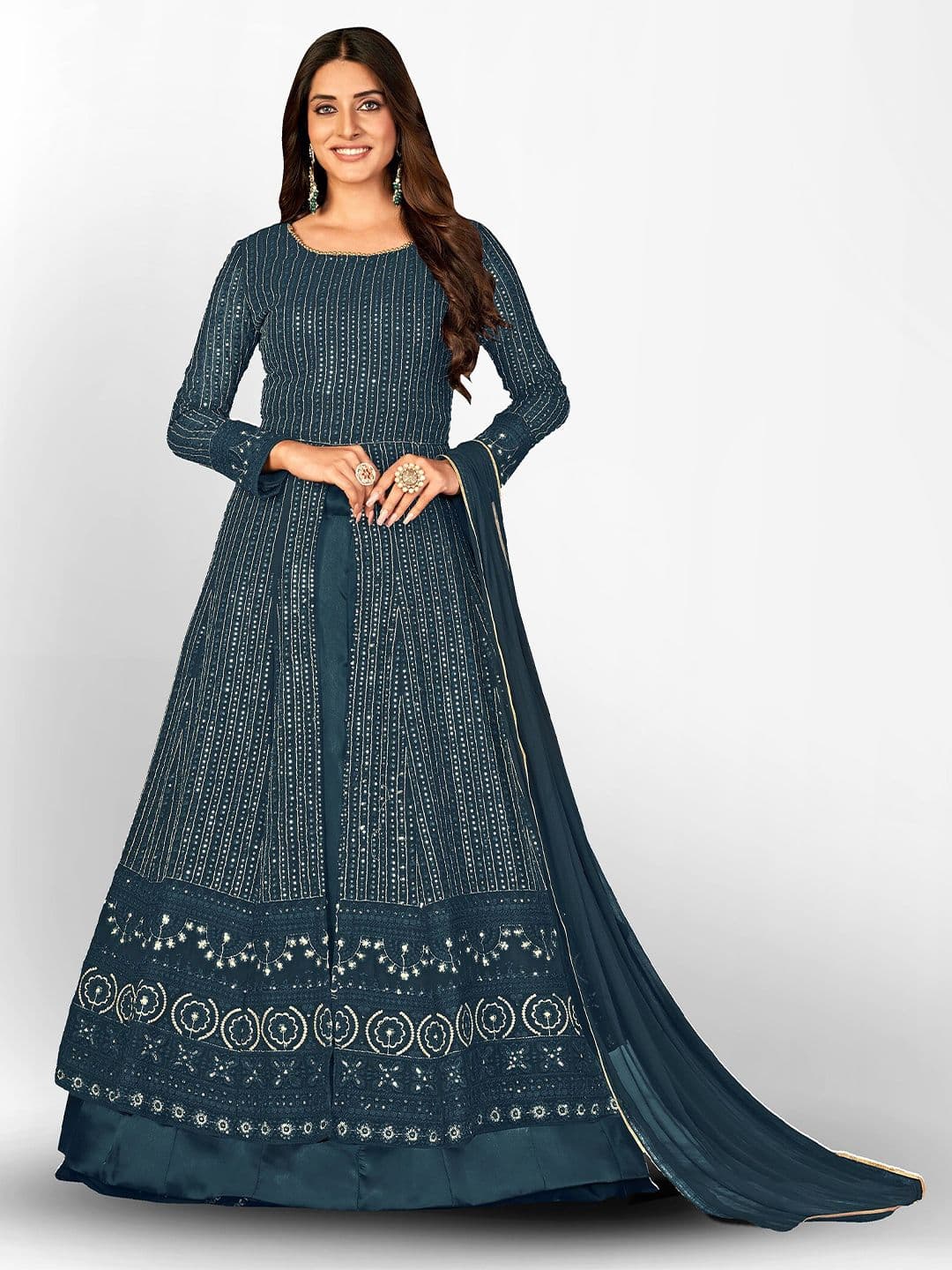 Ethnic Motifs Embroidered Semi-Stitched Dress Material