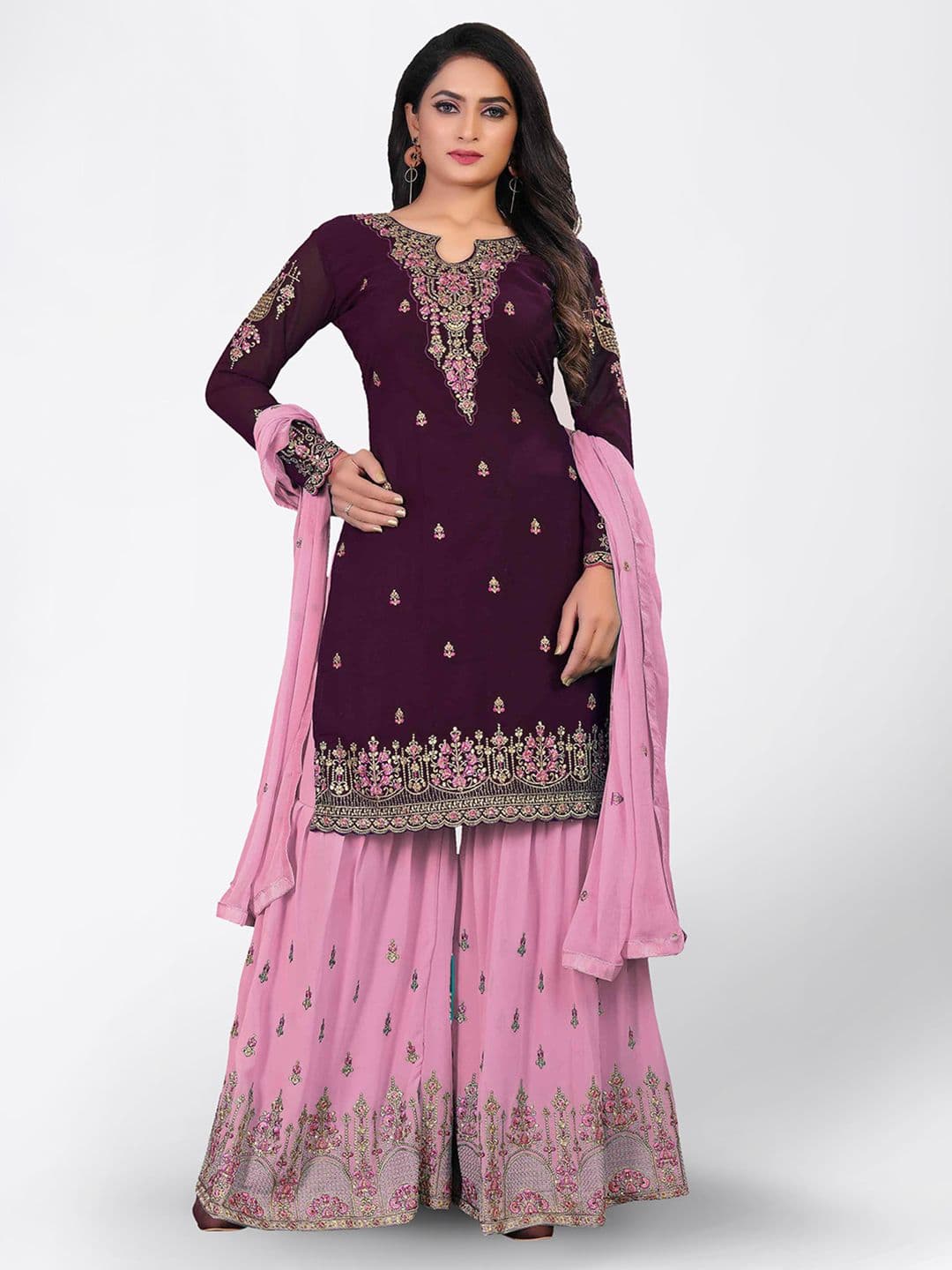 Purple & Pink Embroidered Unstitched Dress Material
