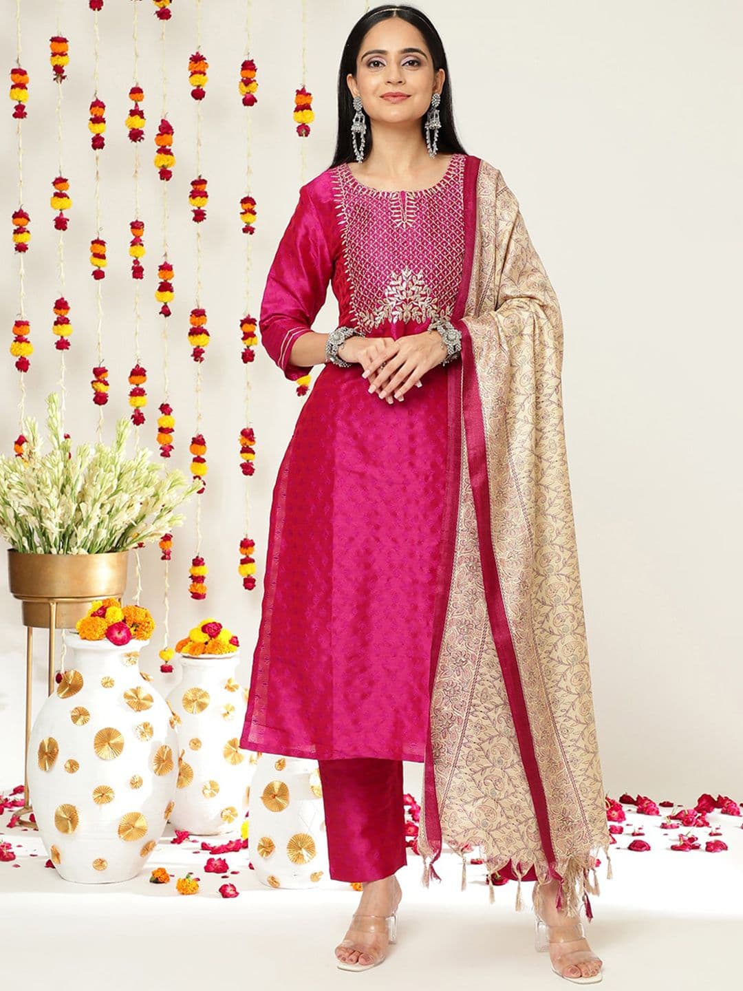 Ethnic Motifs Embroidered Regular Kurta with Trousers & Dupatta