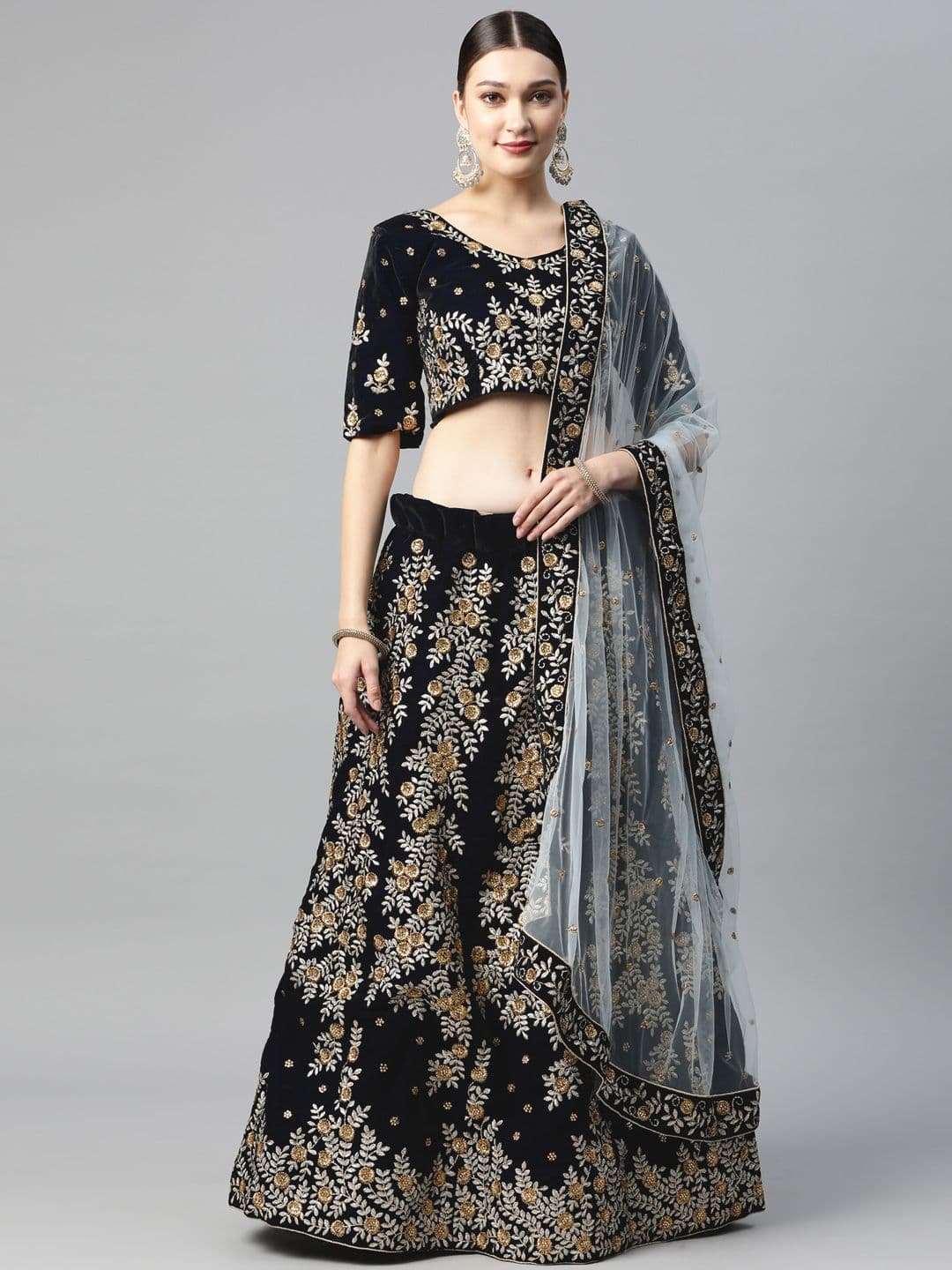 Navy Blue Embroidered Beads & Stones Lehenga Choli Set