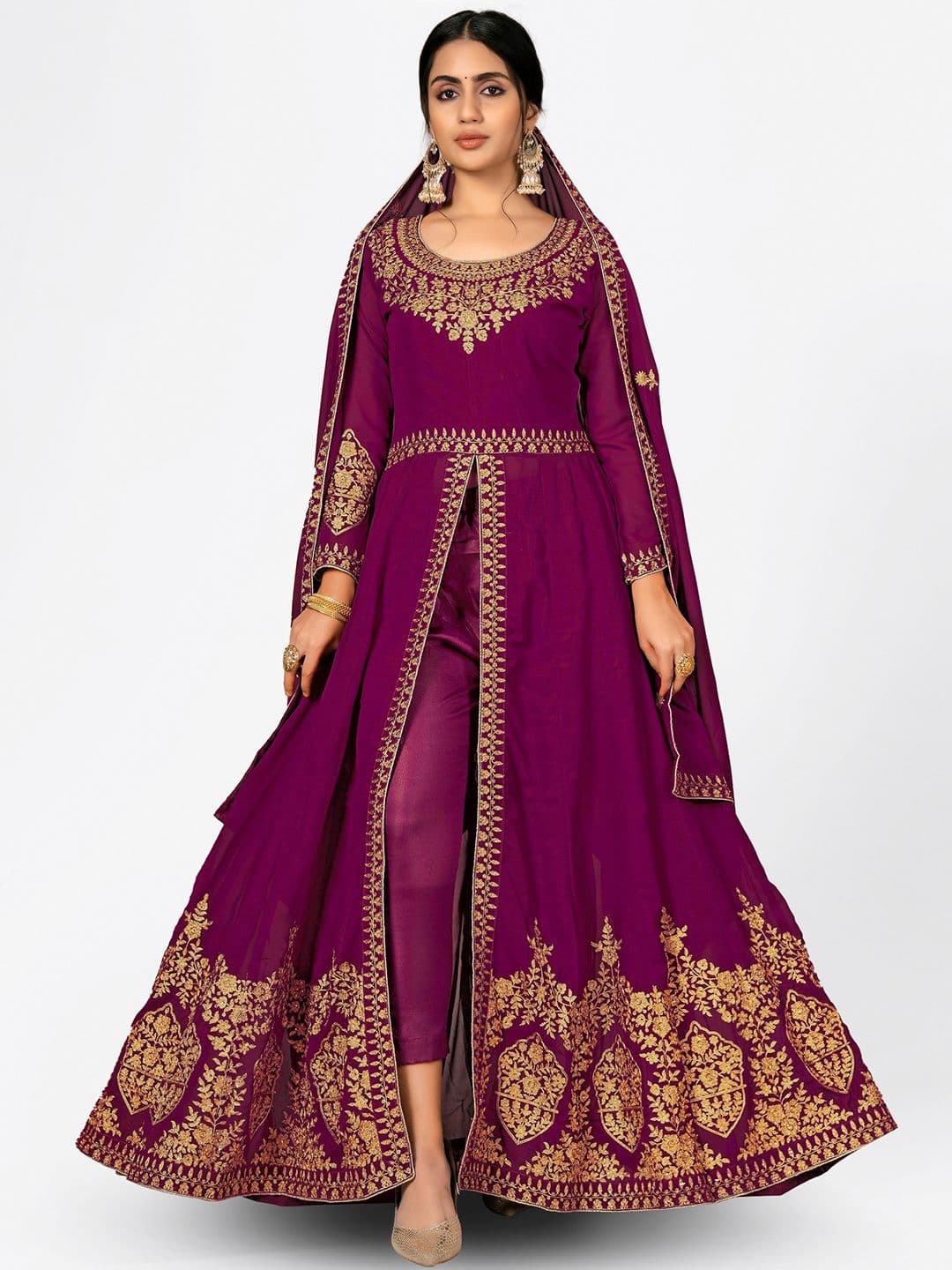 Purple & Gold-Toned Embroidered Unstitched Dress Material