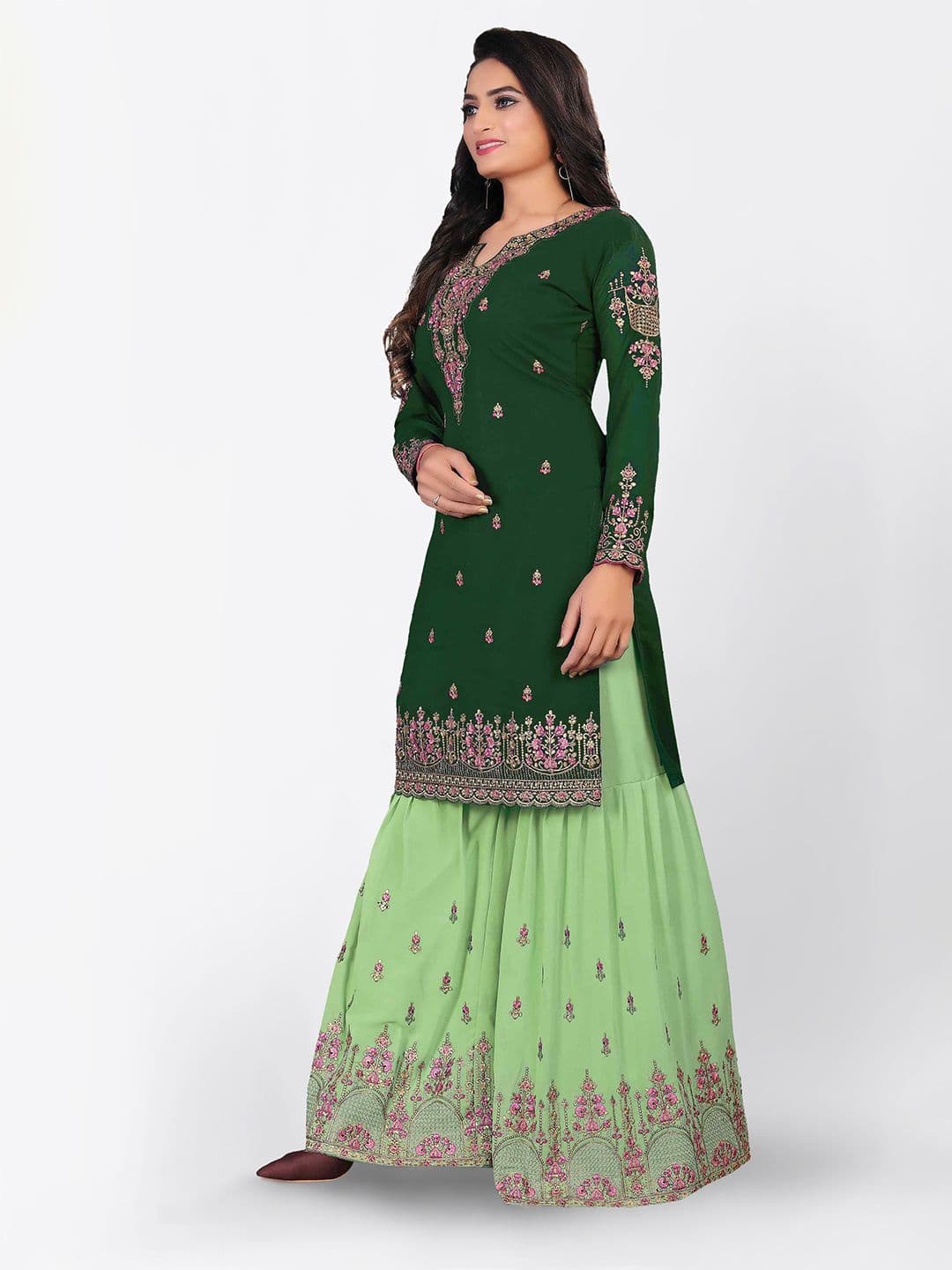 Green & Gold-Toned Embroidered Unstitched Dress Material view 3