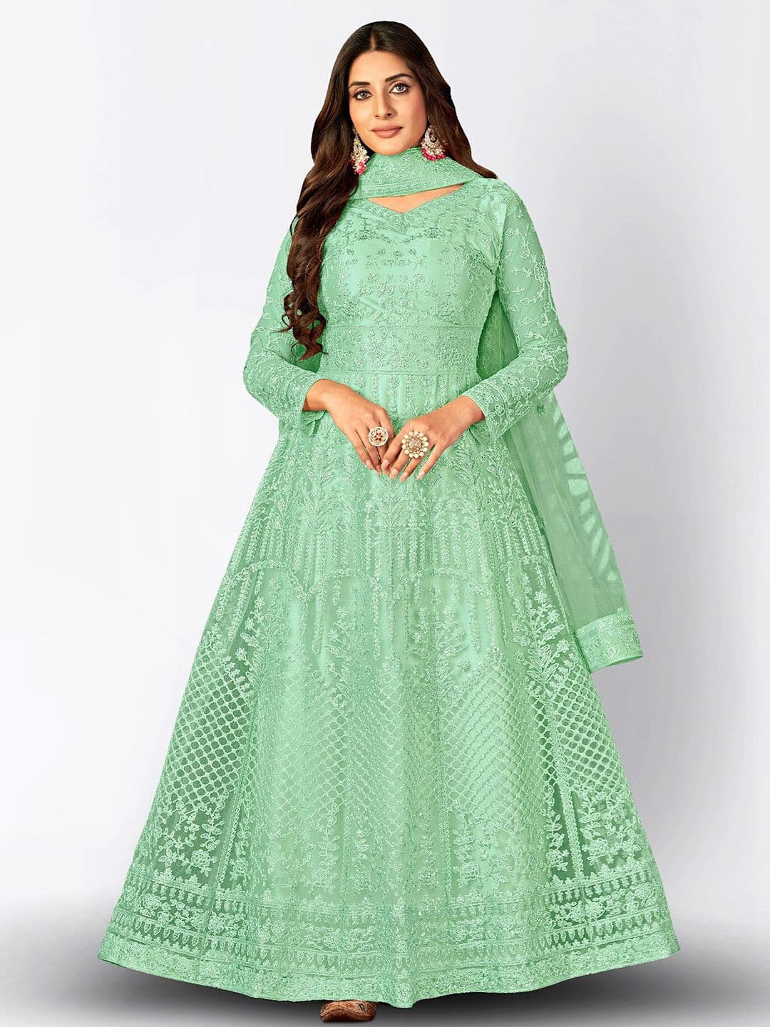 Green Embroidered Thread Work Semi-Stitched Dress Material