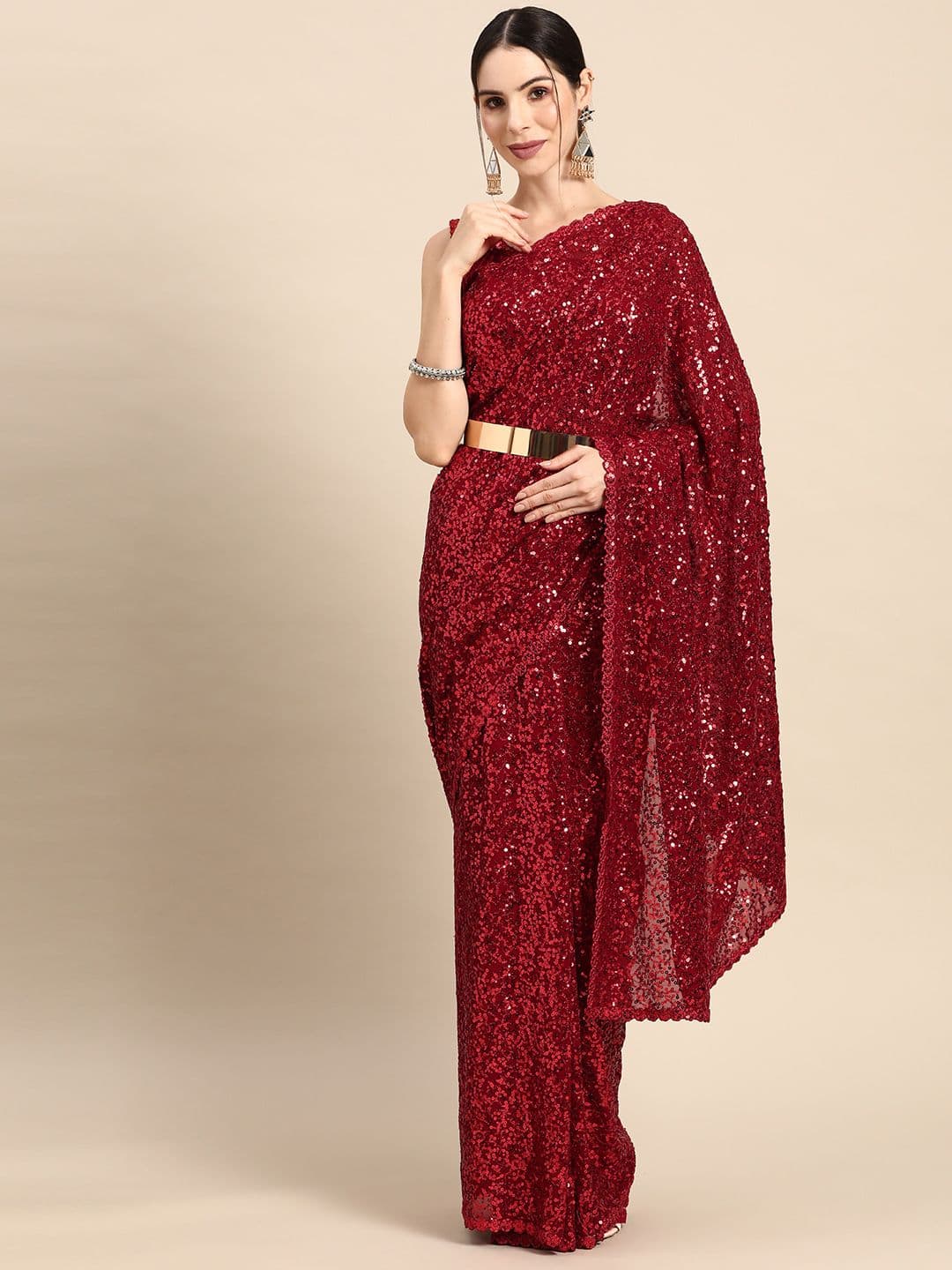 Embellished Sequinned Saree Red