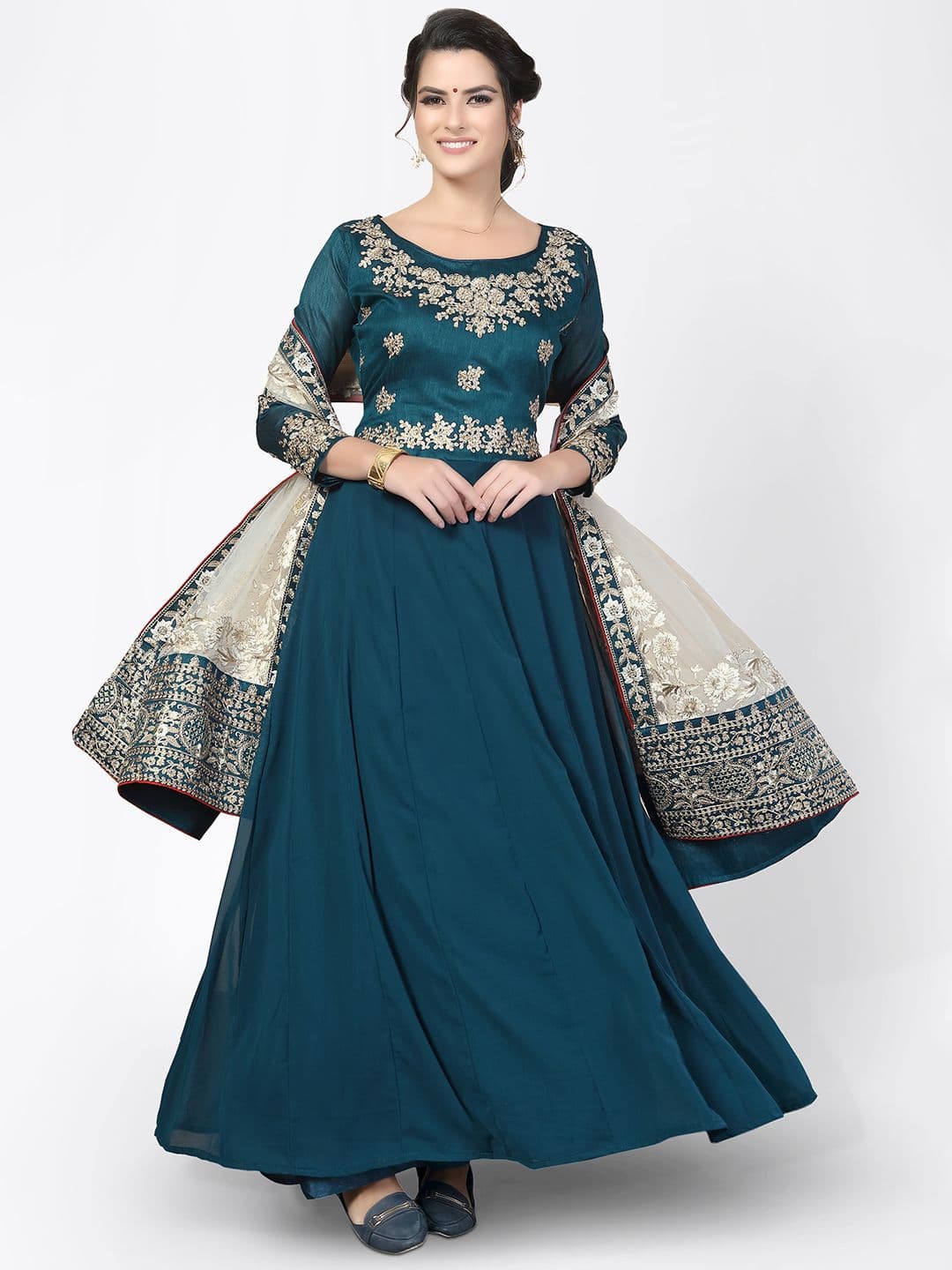 Turquoise Blue & Gold-Toned Semi-Stitched Dress Material