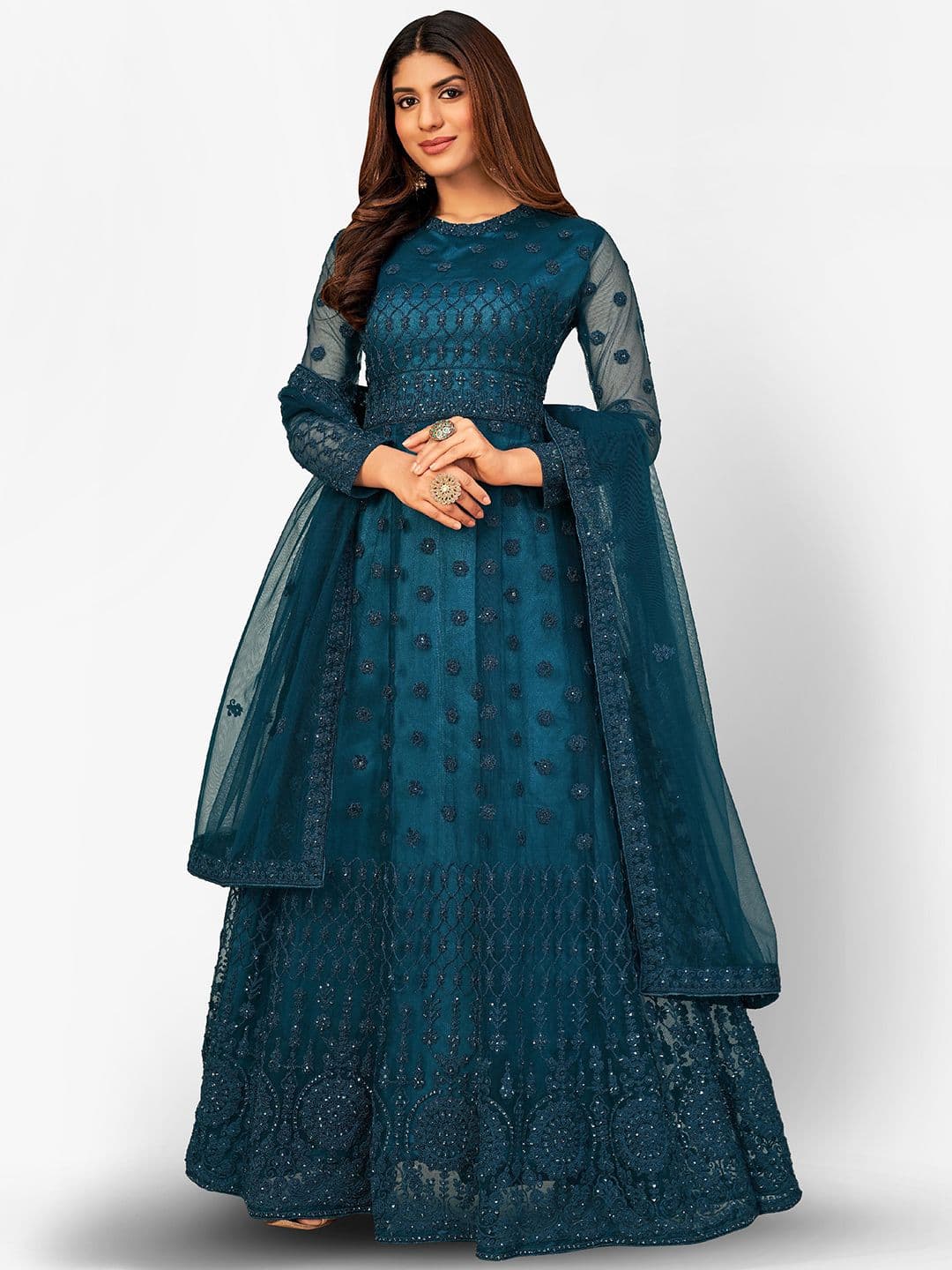 Turquoise Blue Embroidered Unstitched Dress Material