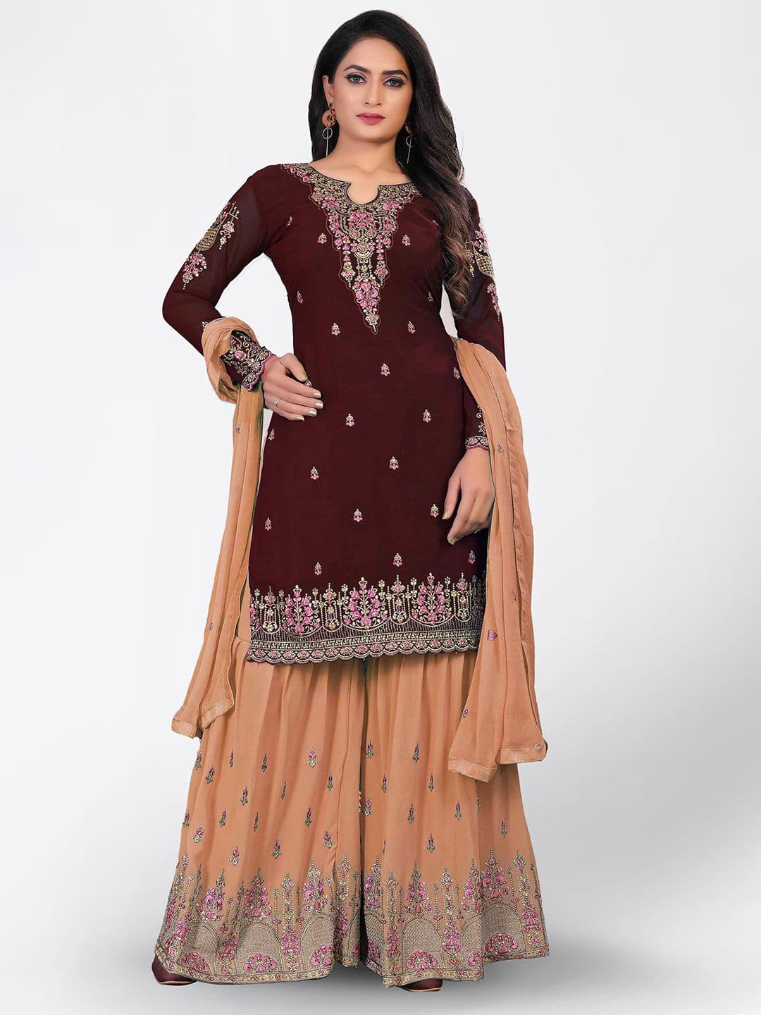 Brown & Peach-Coloured Embroidered Unstitched Dress Material
