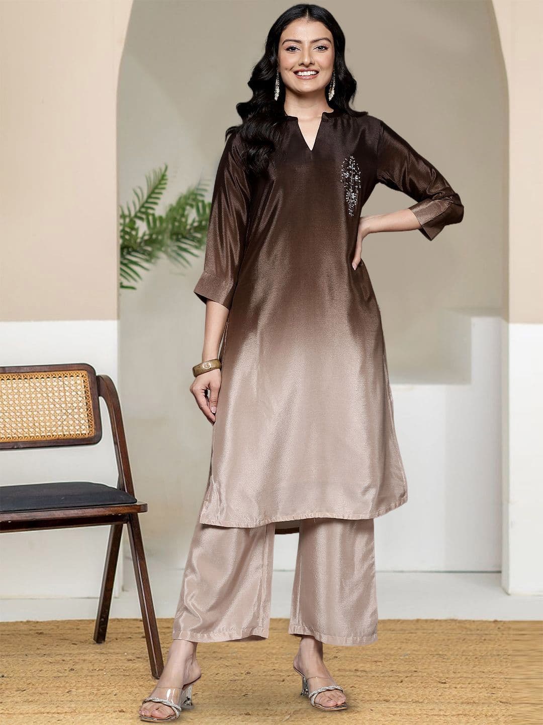 Ombre Dyed Mandarin Collar Kurta With Trouser