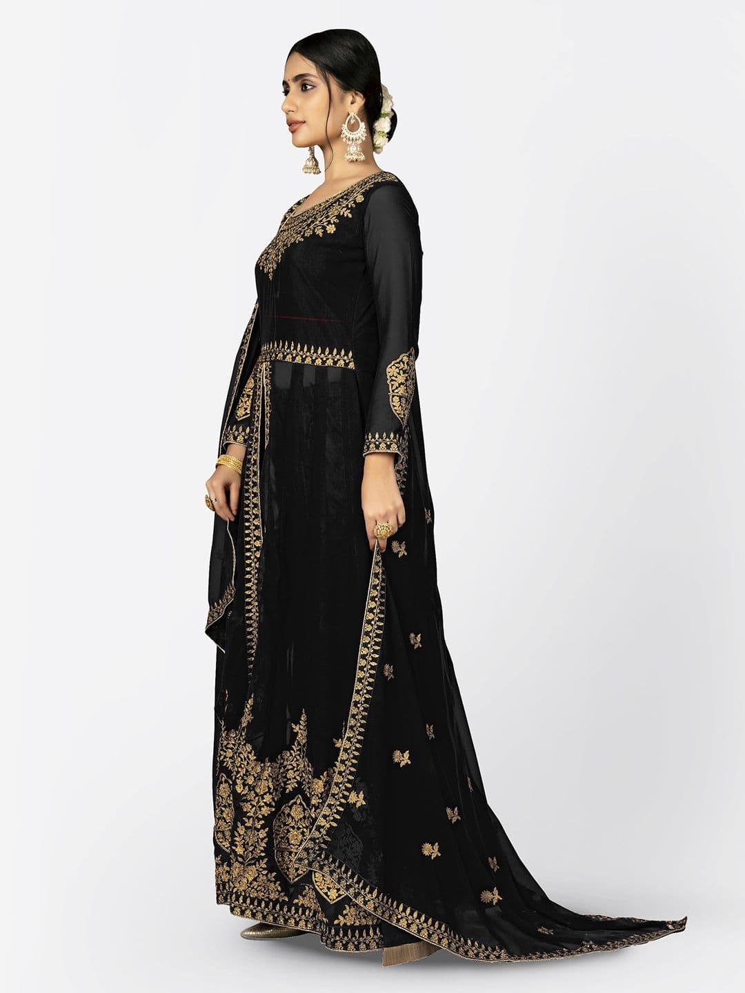 Black & Gold-Toned Embroidered Unstitched Dress Material view 3