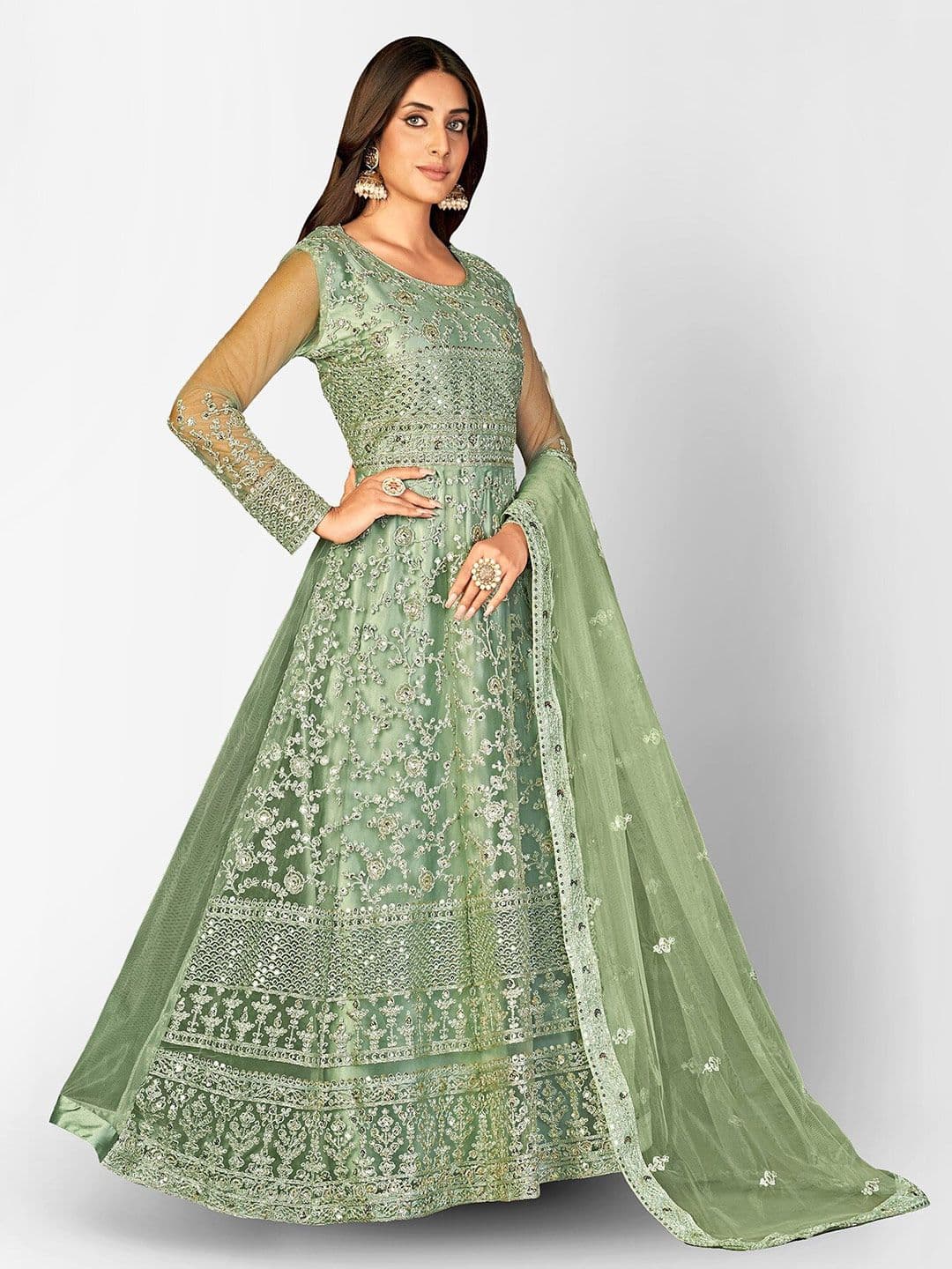 Embroidered Sequined Semi-Stitched Dress Material view 3