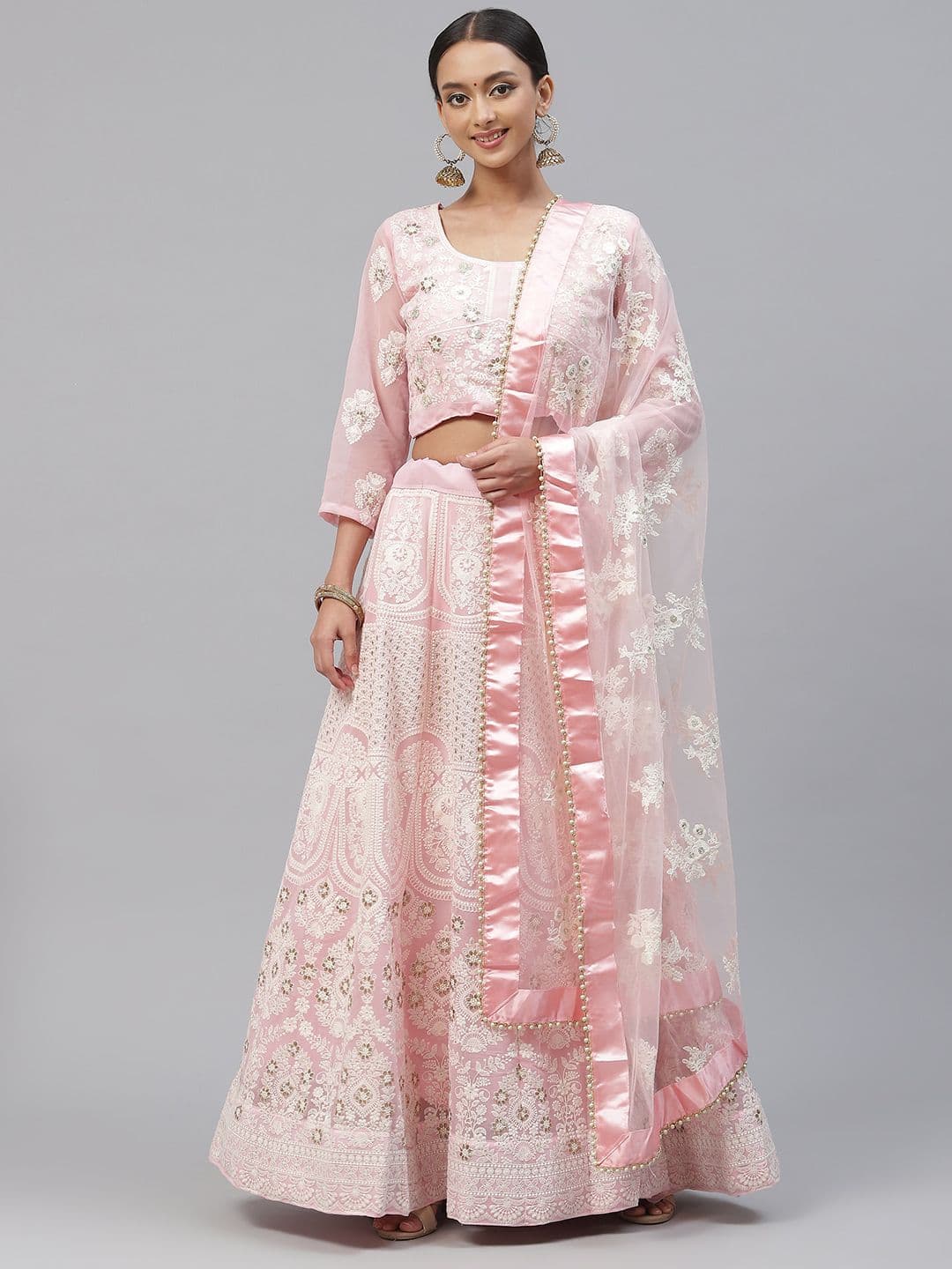 Pink & Off White Embroidered Sequinned Semi-Stitched Lehenga & Unstitched