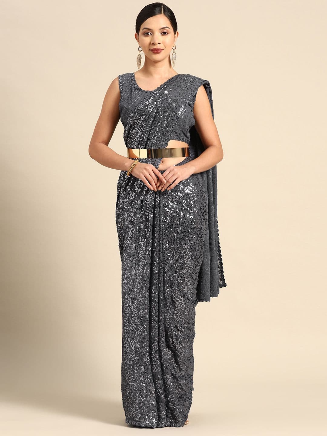 Embellished Sequinned Embroidered Heavy Work Saree Grey