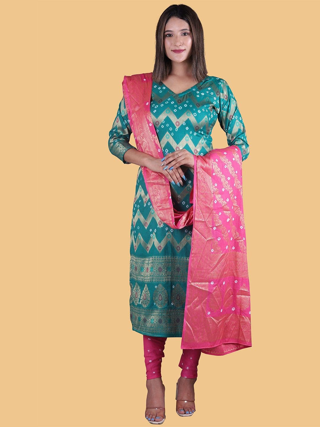 Women Turquoise Blue & Pink Pure Cotton Unstitched Dress Material