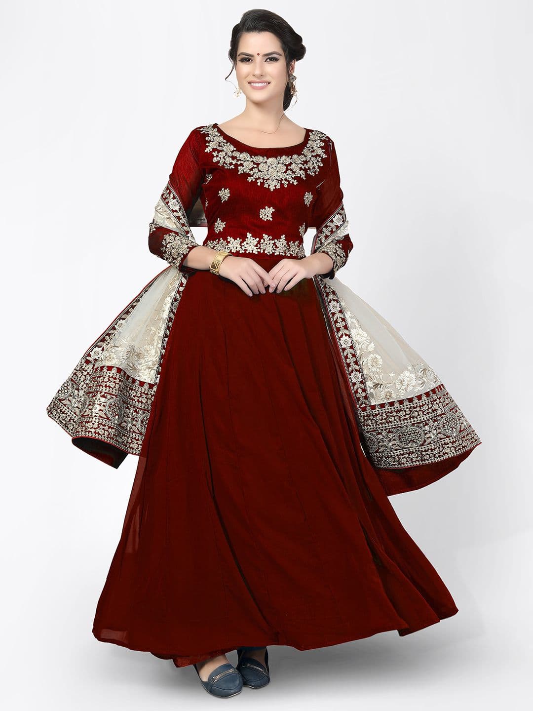 Red & White Embroidered Unstitched Dress Material