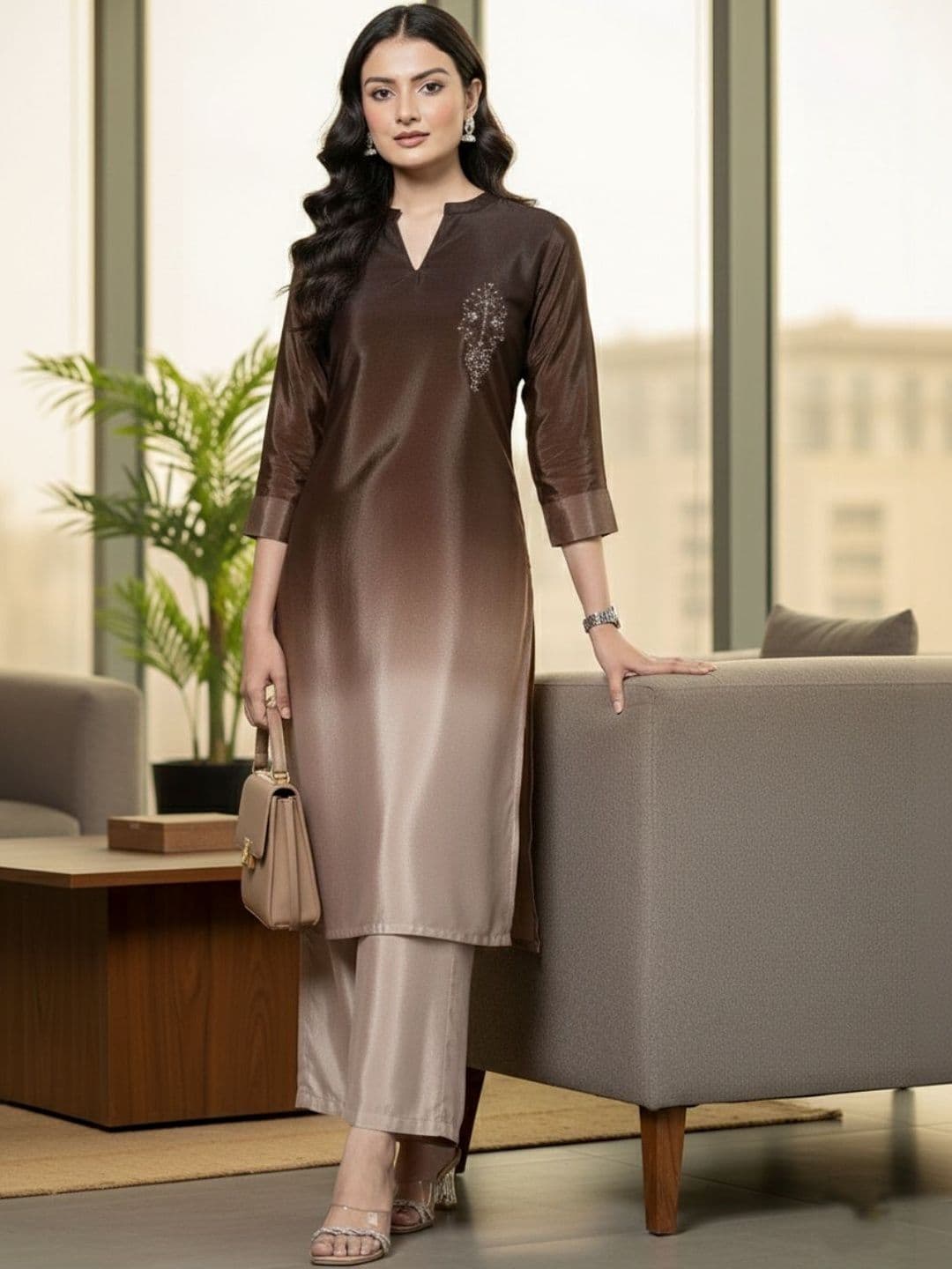 Women Ombre Dyed Regular Thread Work Kurta with Trousers view 6