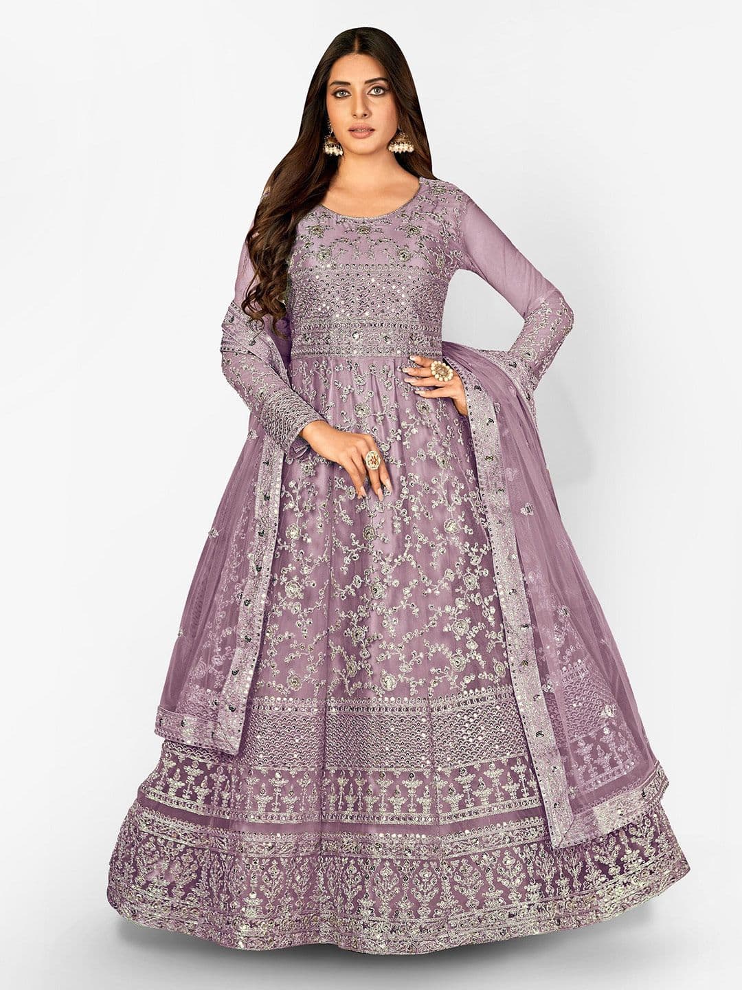 Floral Embroidered Sequinned Semi-Stitched Dress Material