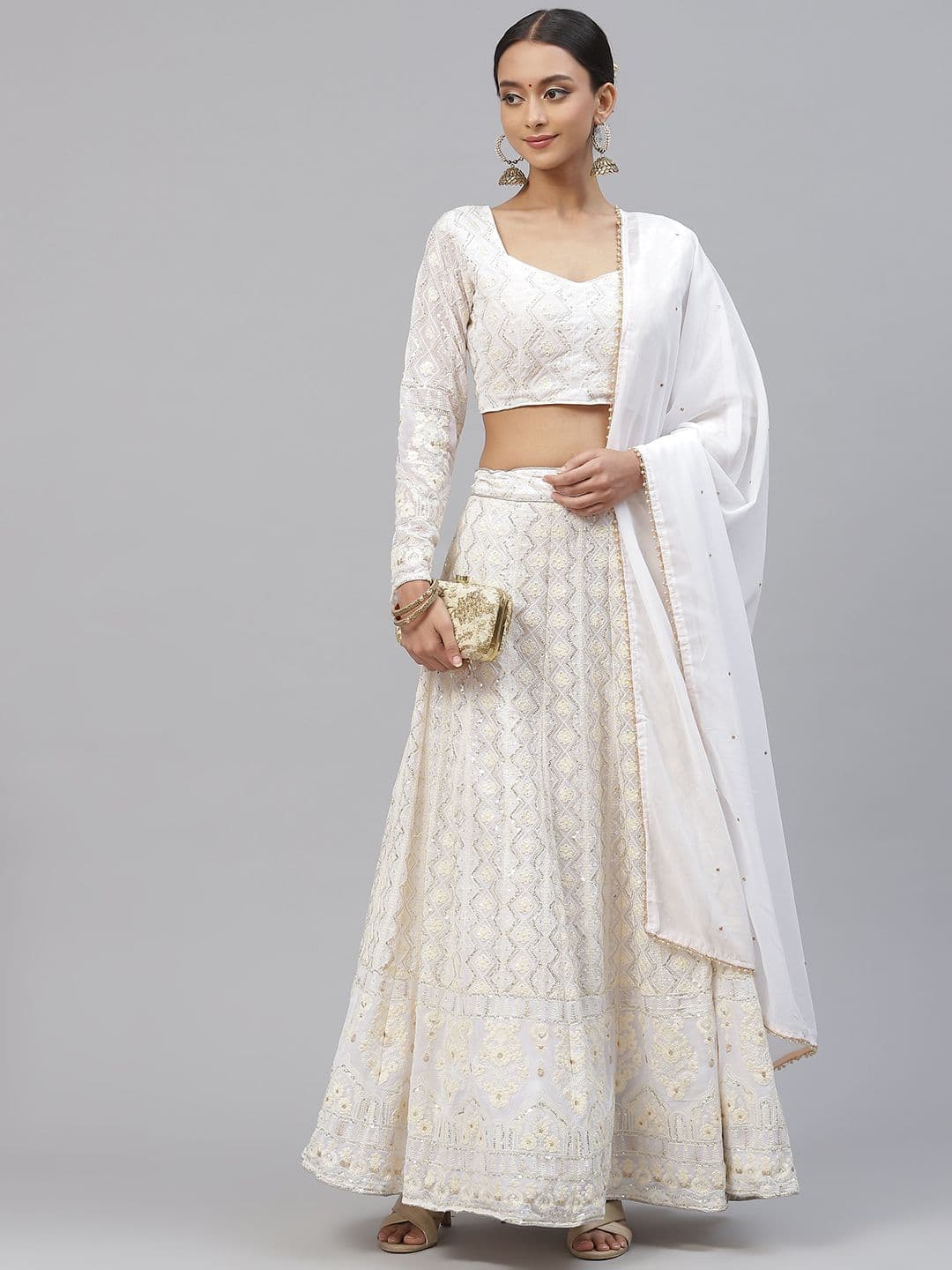 White Embroidered Sequinned Semi-Stitched Lehenga & Unstitched Blouse With view 7