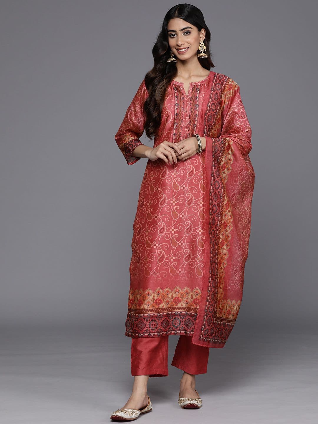 Bandhani Printed Regular Chanderi Silk Kurta with Trousers & With Dupatta