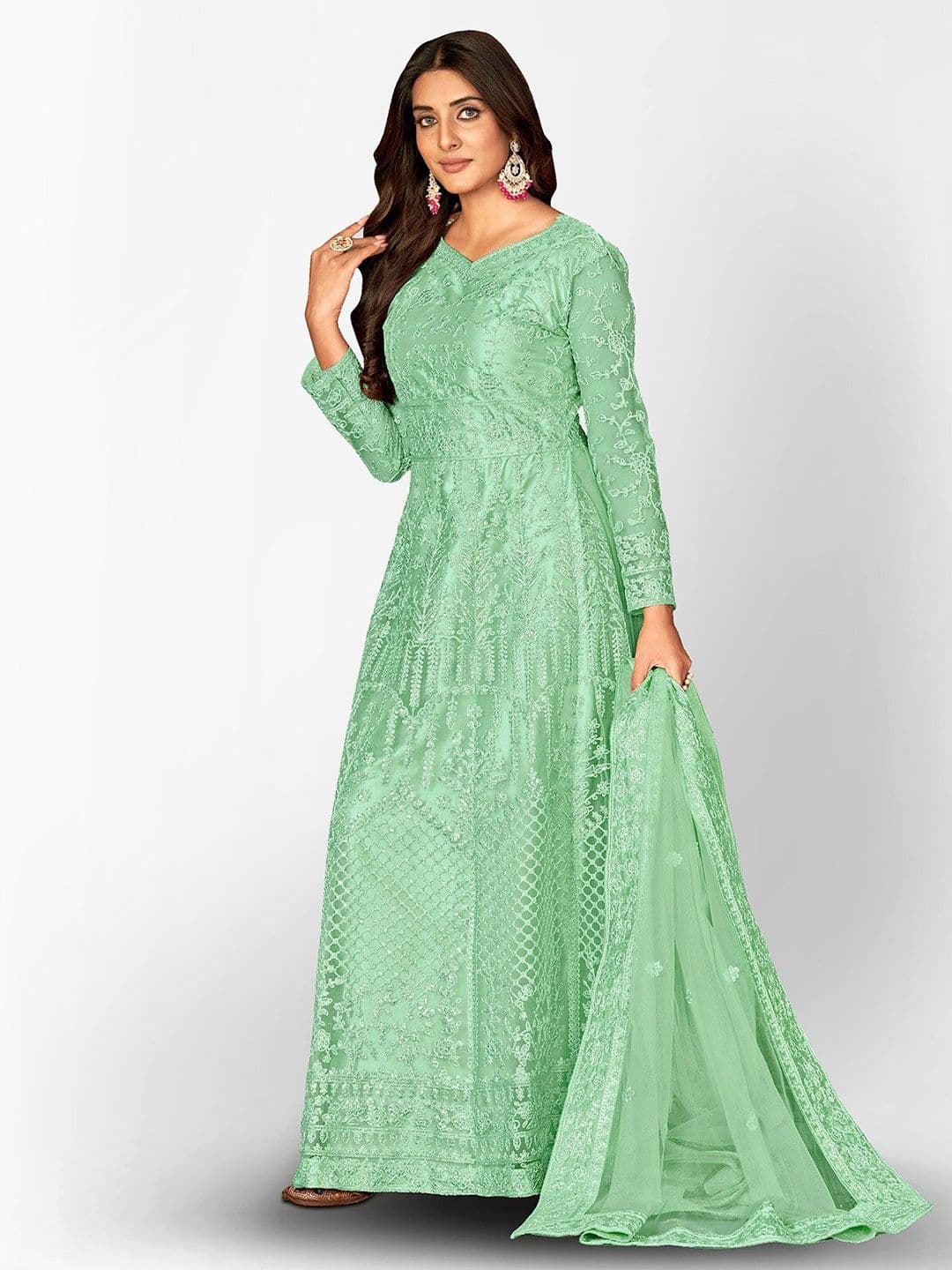 Green Embroidered Thread Work Semi-Stitched Dress Material view 3